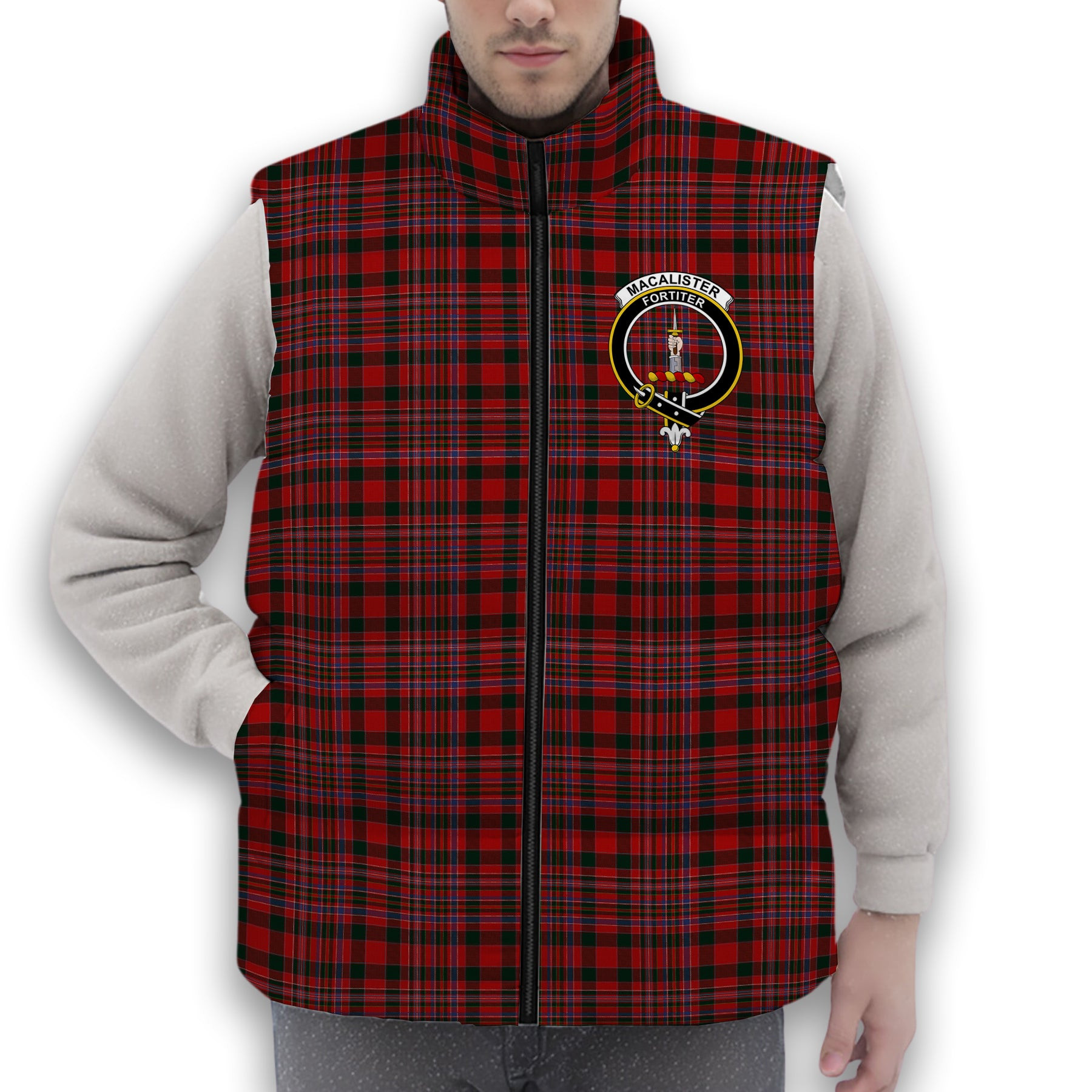 ScotsTee Shop Scottish MacAlister Crest Tartan Puffer Vest Winter White Duck Down Vest Sleeveless