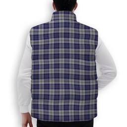 ScotsTee Shop Scottish MacPherson Dress Blue Crest Tartan Puffer Vest Winter White Duck Down Vest Sleeveless