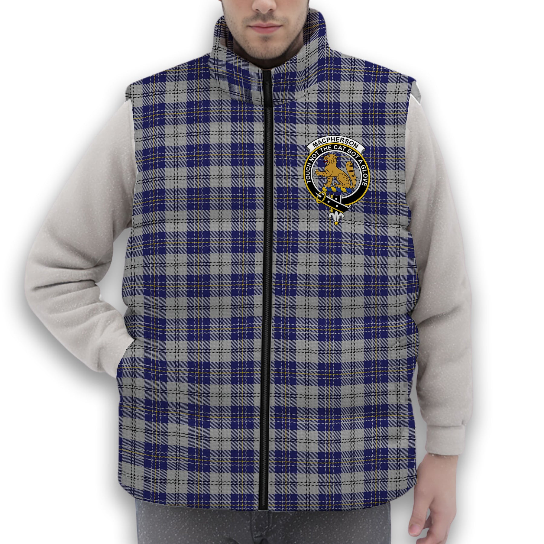 ScotsTee Shop Scottish MacPherson Dress Blue Crest Tartan Puffer Vest Winter White Duck Down Vest Sleeveless