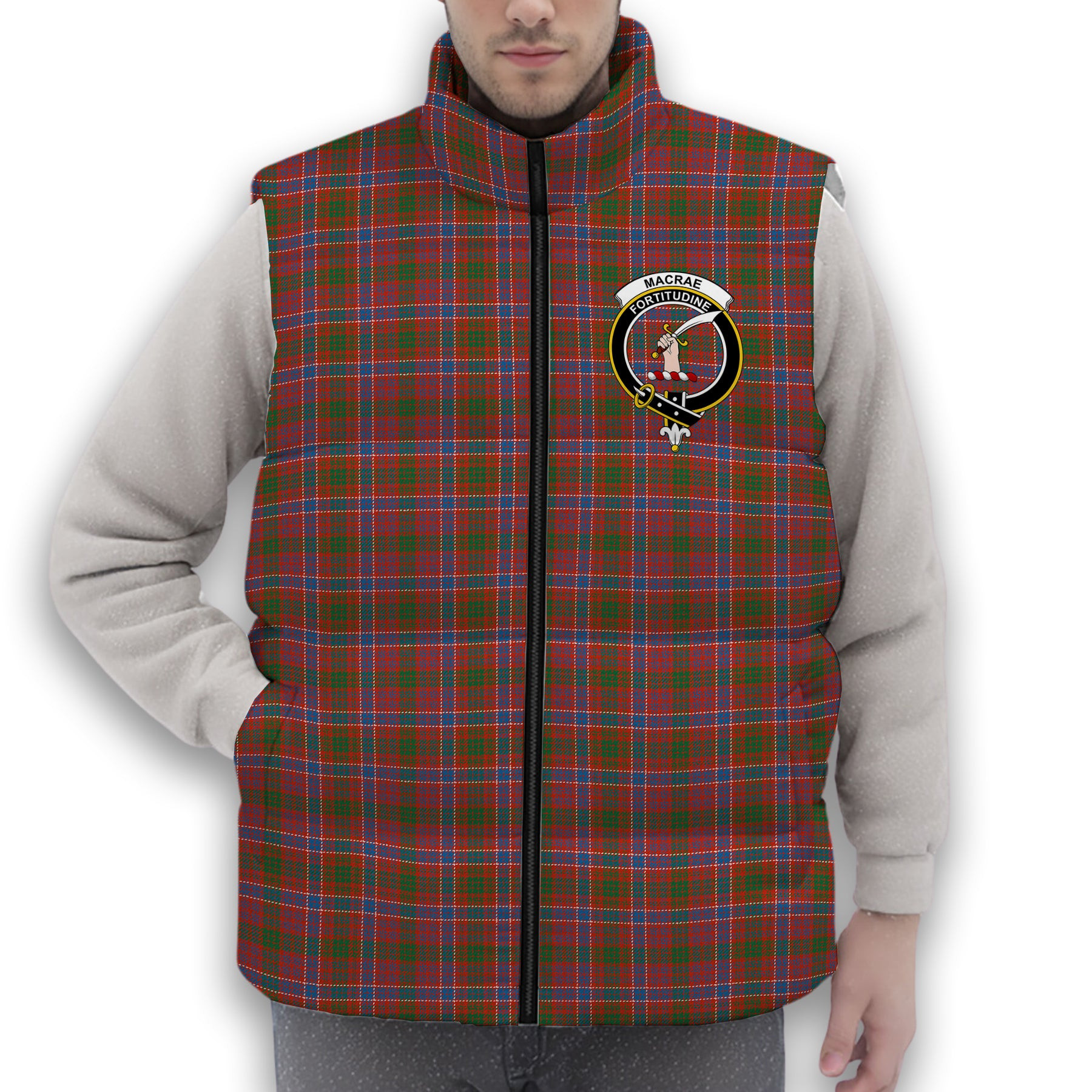 ScotsTee Shop Scottish MacRae Red Ancient Crest Tartan Puffer Vest Winter White Duck Down Vest Sleeveless