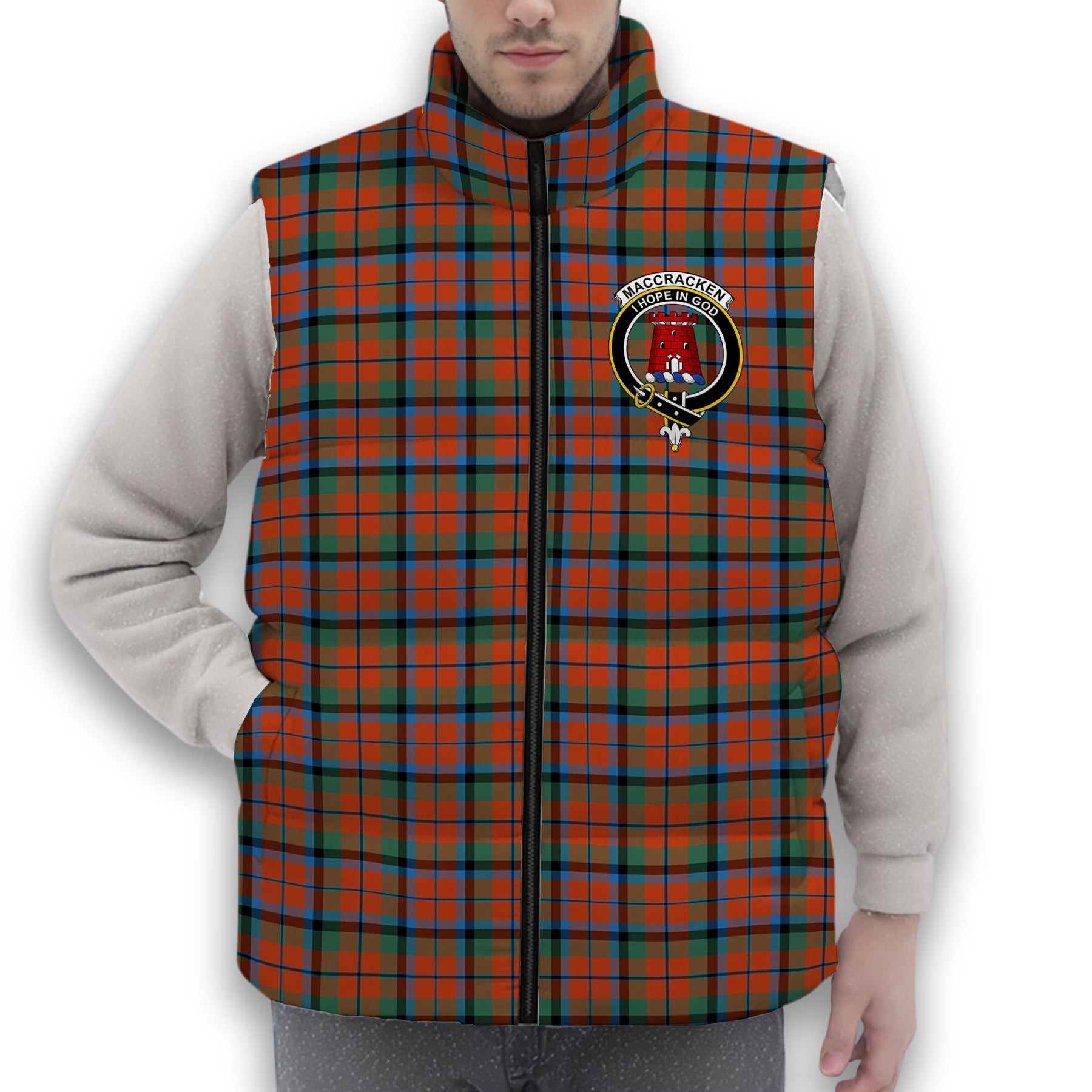 ScotsTee Shop Scottish MacCracken Ancient Crest Tartan Puffer Vest Winter White Duck Down Vest Sleeveless