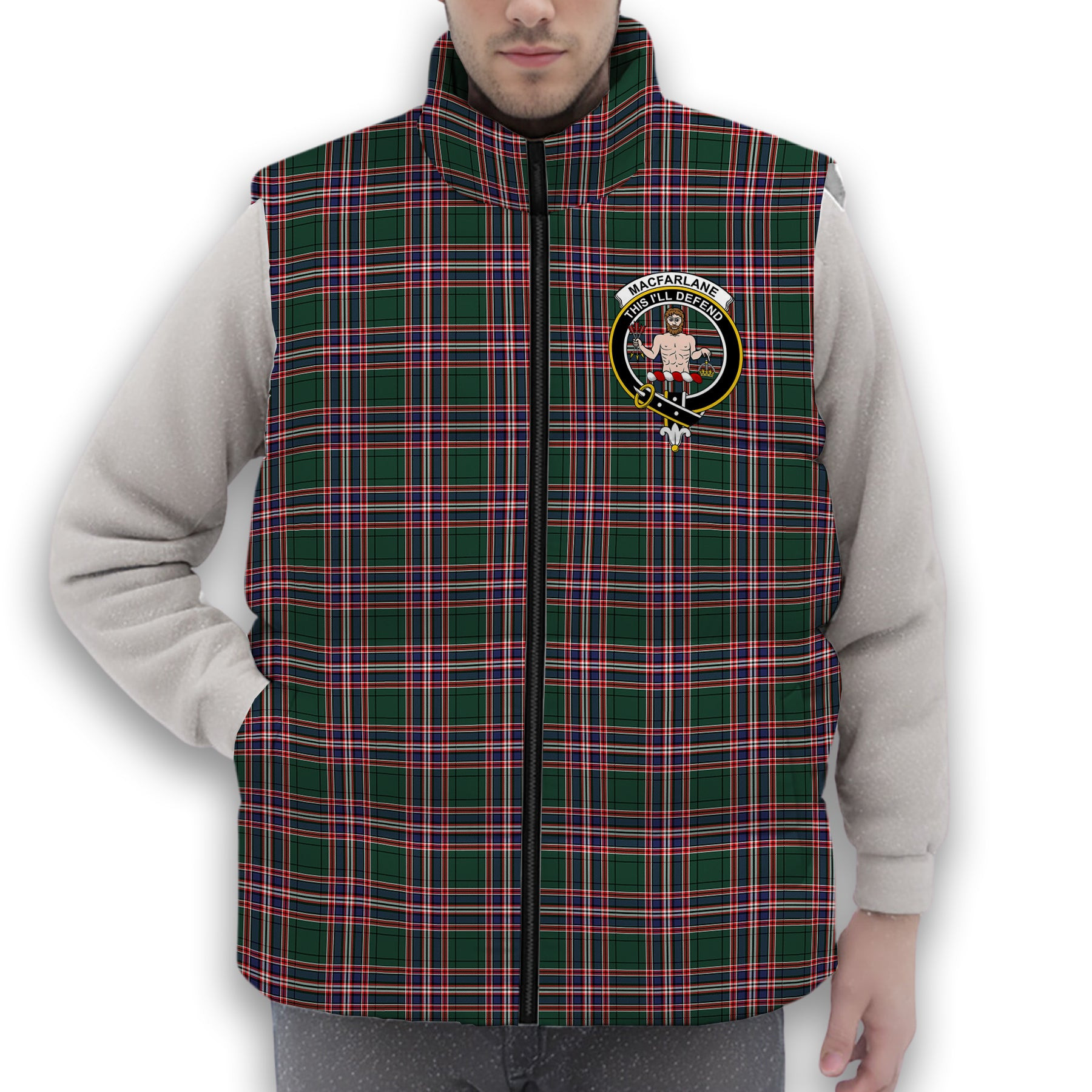 ScotsTee Shop Scottish MacFarlane Hunting Modern Crest Tartan Puffer Vest Winter White Duck Down Vest Sleeveless