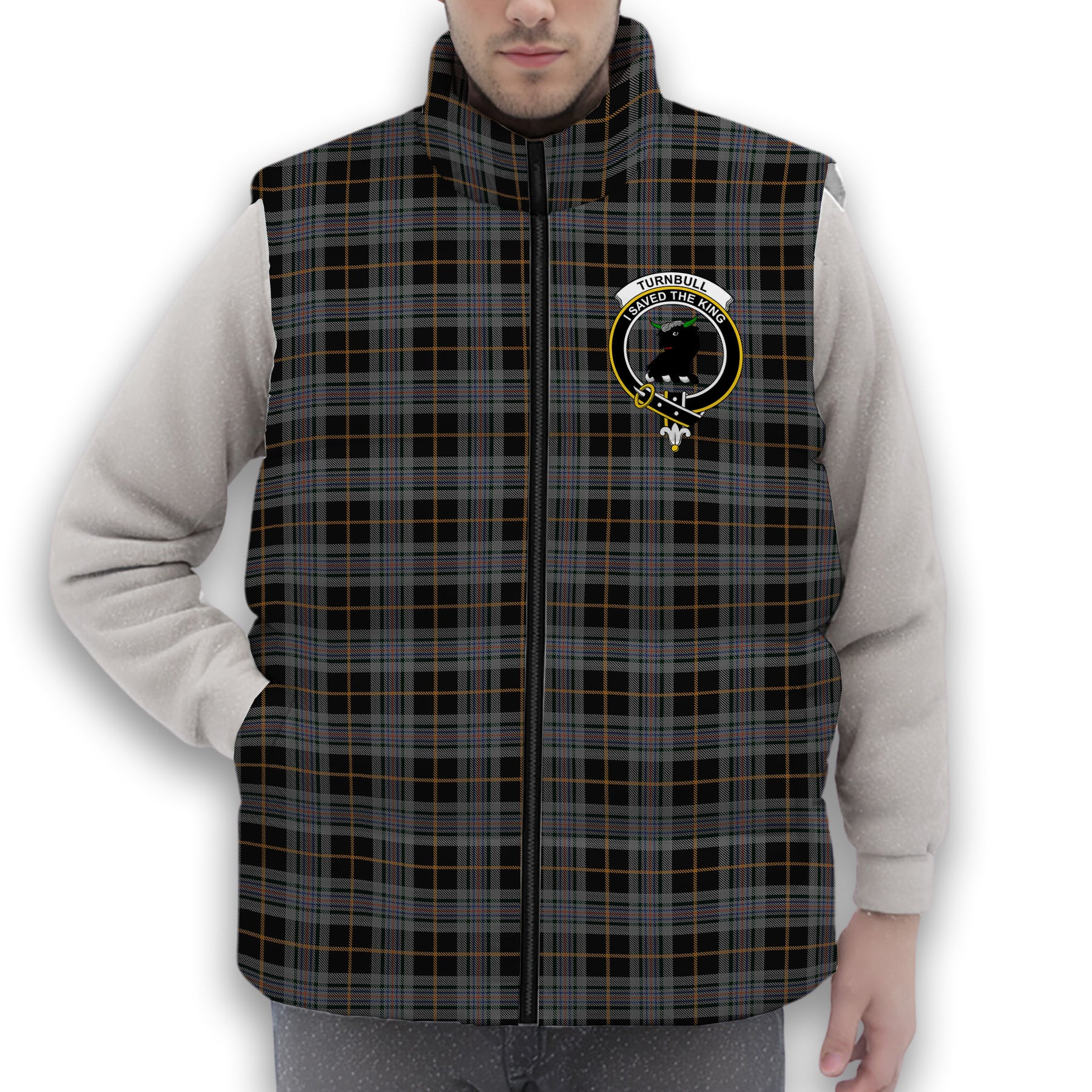 ScotsTee Shop Scottish Turnbull, Dress Bruce Crest Tartan Puffer Vest Winter White Duck Down Vest Sleeveless