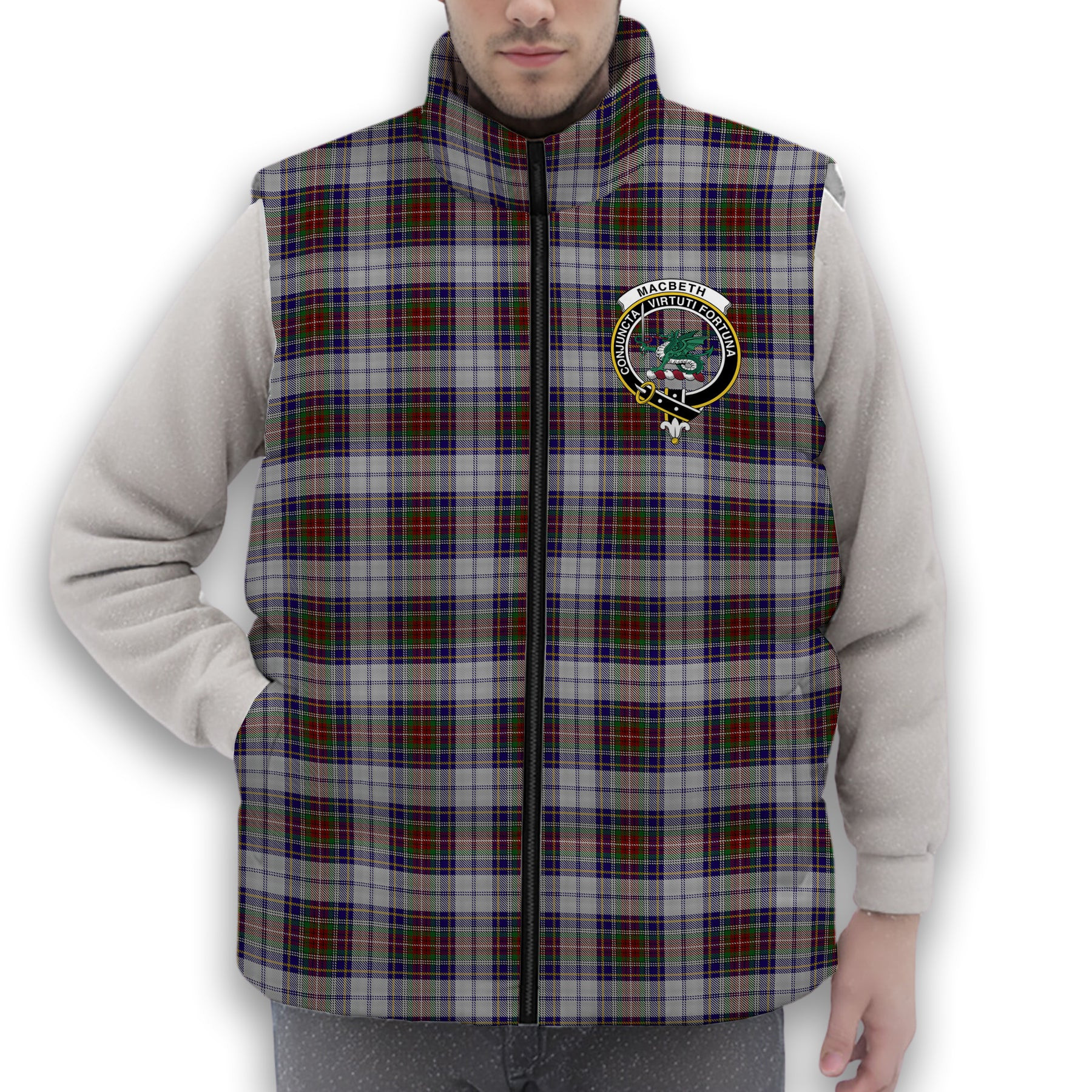 ScotsTee Shop Scottish MacBeth Dress Crest Tartan Puffer Vest Winter White Duck Down Vest Sleeveless