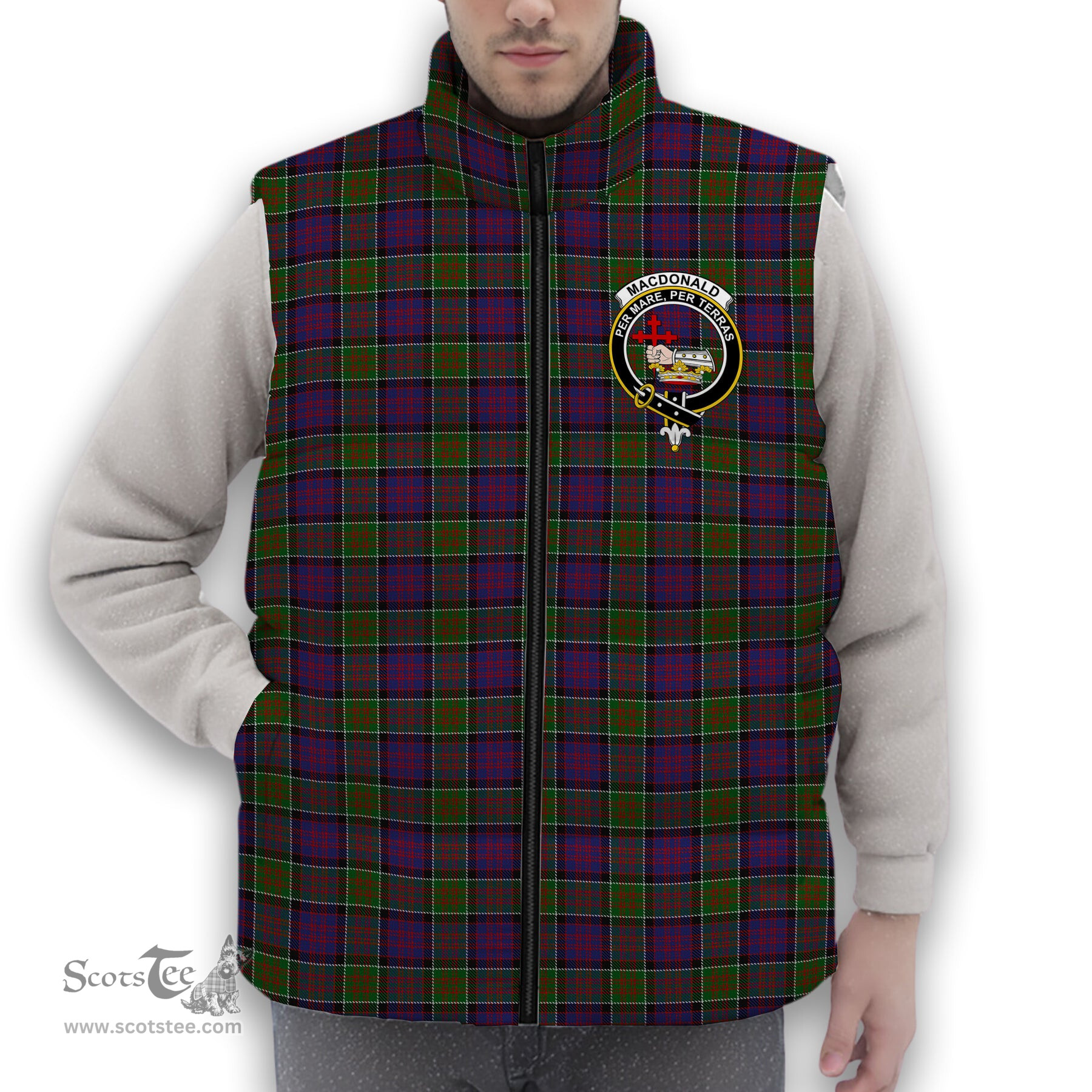 ScotsTee Shop Scottish MacDonald of Clanranald 2 Crest Tartan Puffer Vest Winter White Duck Down Vest Sleeveless