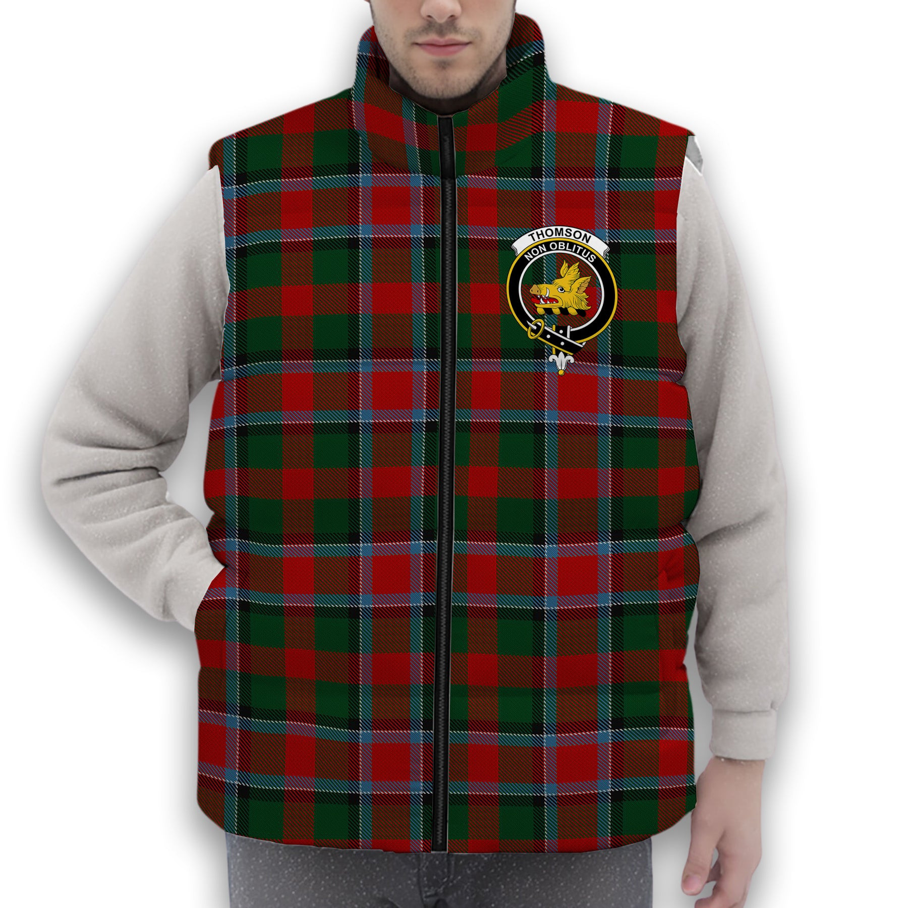 ScotsTee Shop Scottish Thomson Mackinlay Crest Tartan Puffer Vest Winter White Duck Down Vest Sleeveless