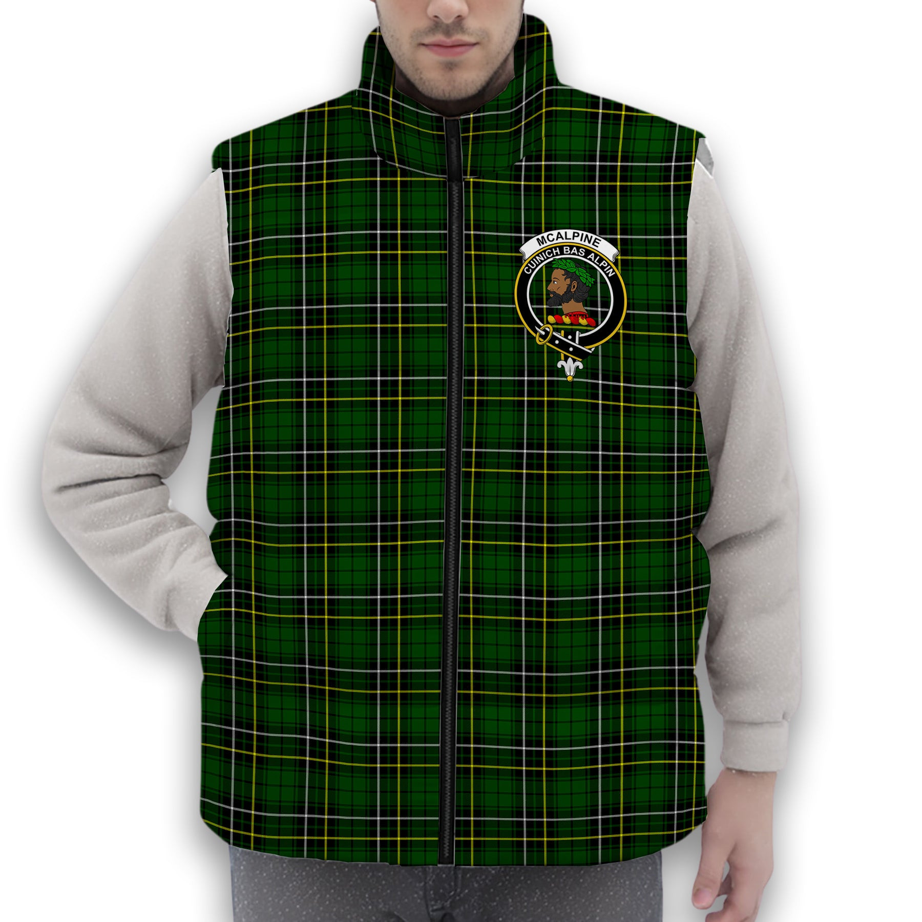ScotsTee Shop Scottish McAlpine Modern Crest Tartan Puffer Vest Winter White Duck Down Vest Sleeveless