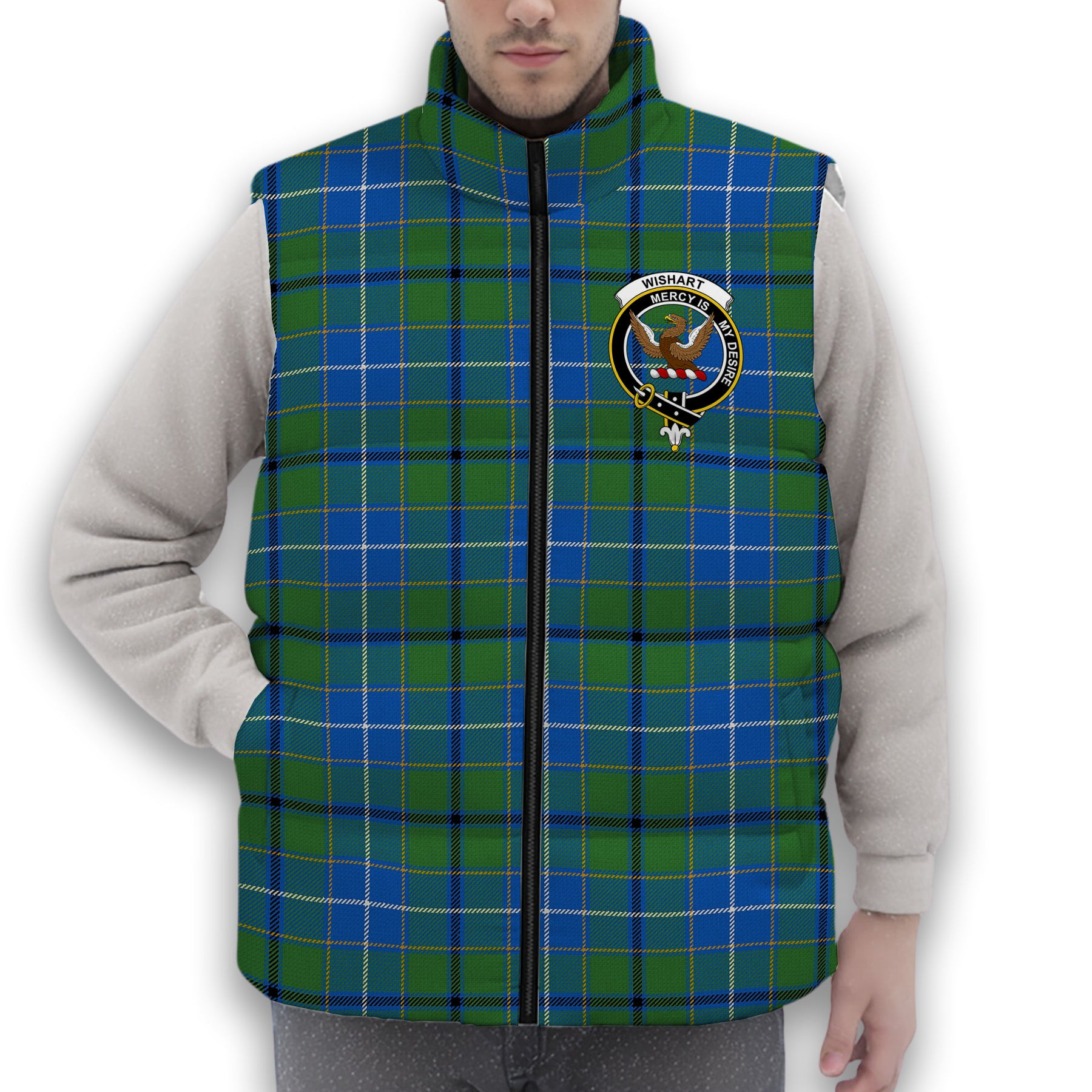 ScotsTee Shop Scottish Wishart Hunting Ancient Clan Crest Tartan Puffer Vest Winter White Duck Down Vest Sleeveless