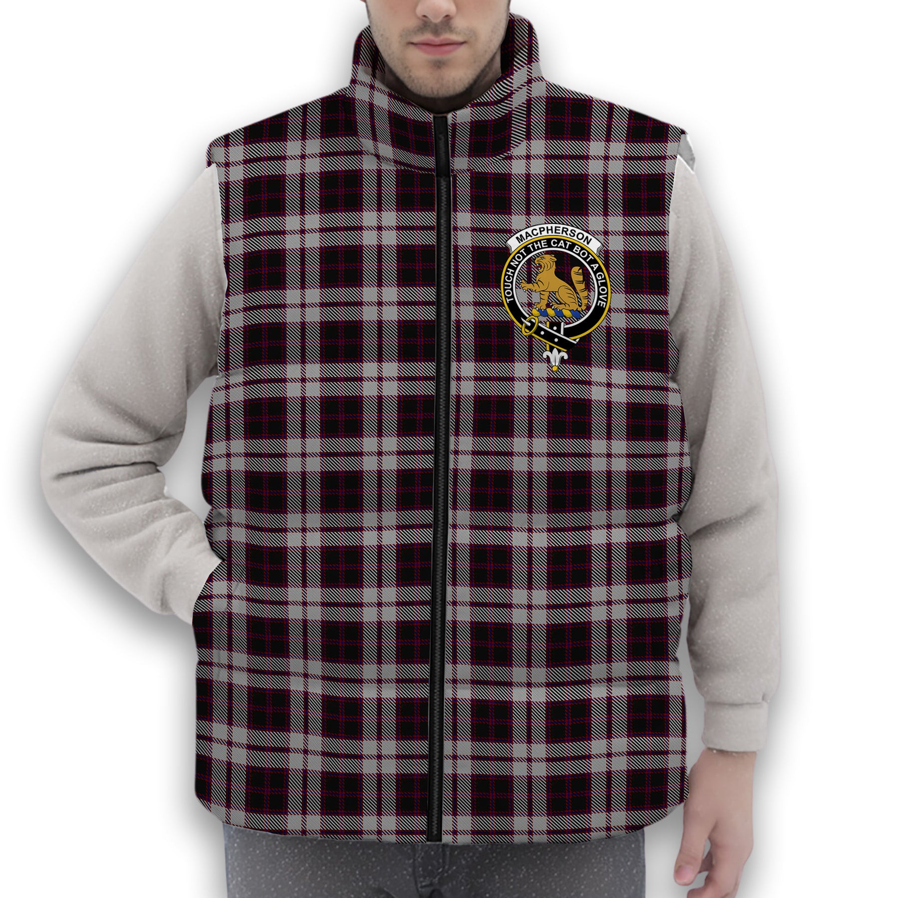 ScotsTee Shop Scottish MacPherson of Pitmain Crest Tartan Puffer Vest Winter White Duck Down Vest Sleeveless