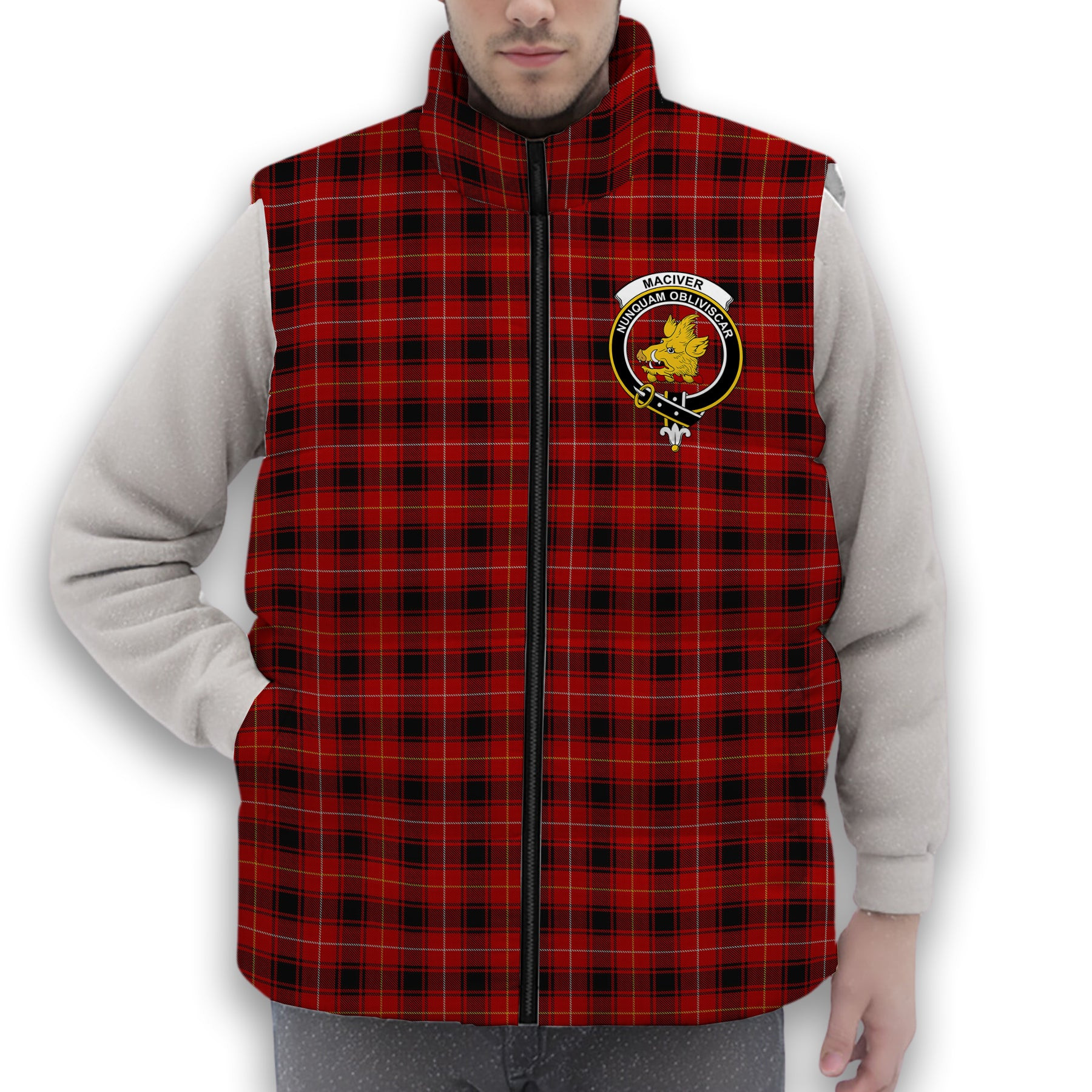 ScotsTee Shop Scottish MacIver 2 Crest Tartan Puffer Vest Winter White Duck Down Vest Sleeveless