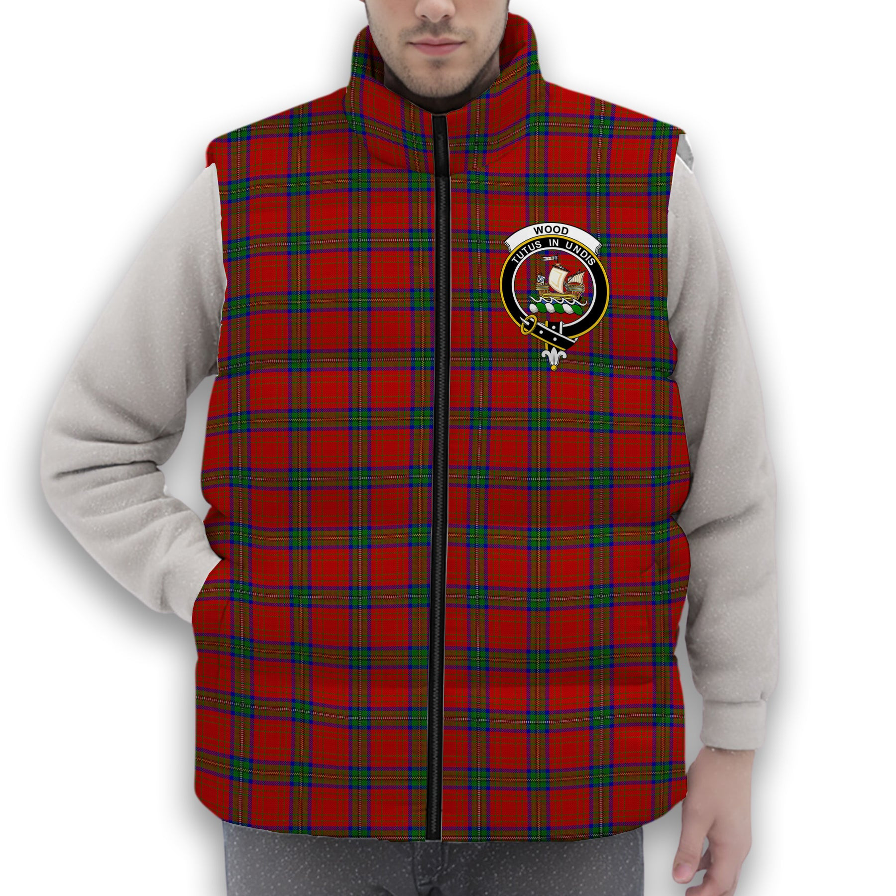 ScotsTee Shop Scottish Wood Dress Crest Tartan Puffer Vest Winter White Duck Down Vest Sleeveless