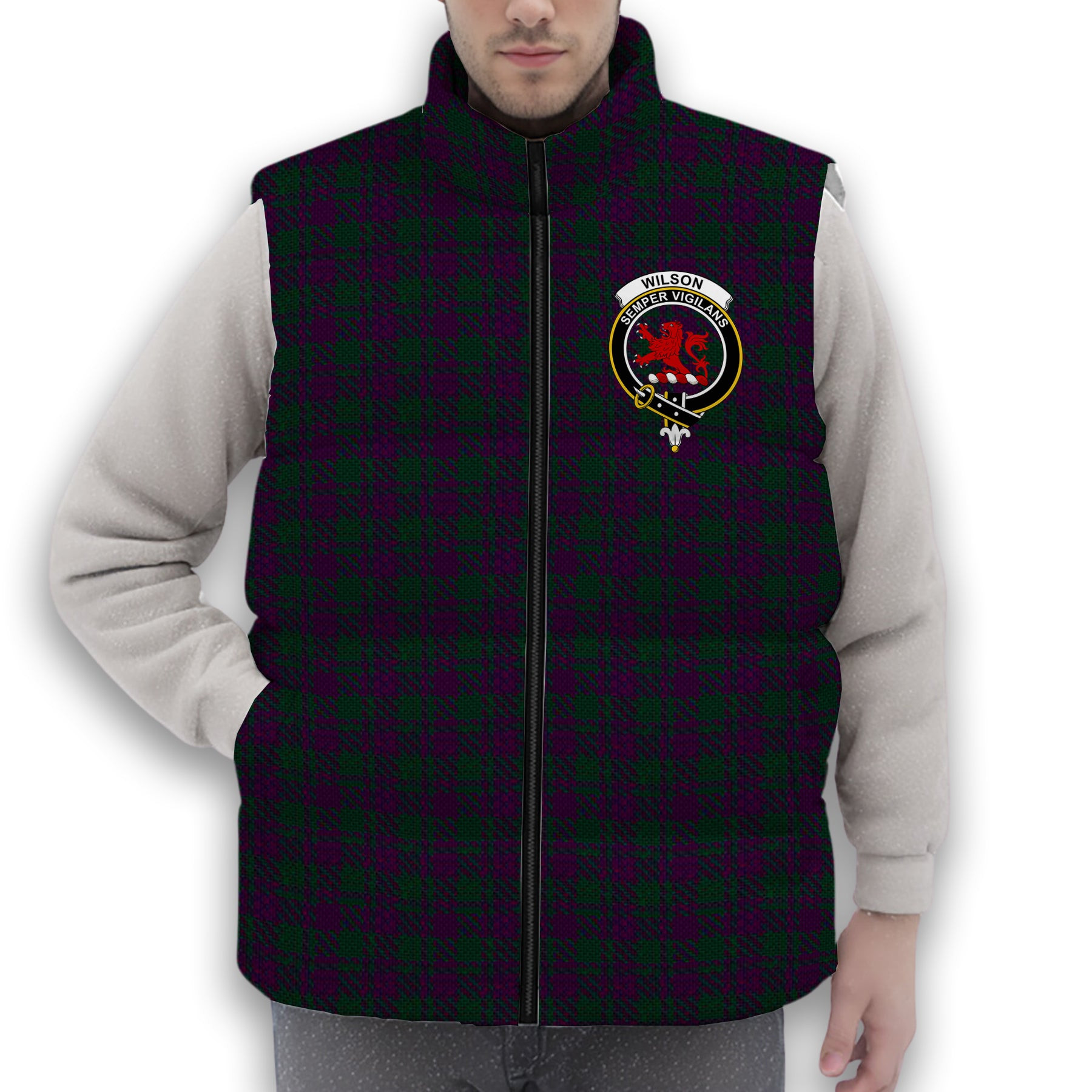 ScotsTee Shop Scottish Wilsons 211 Crest Tartan Puffer Vest Winter White Duck Down Vest Sleeveless