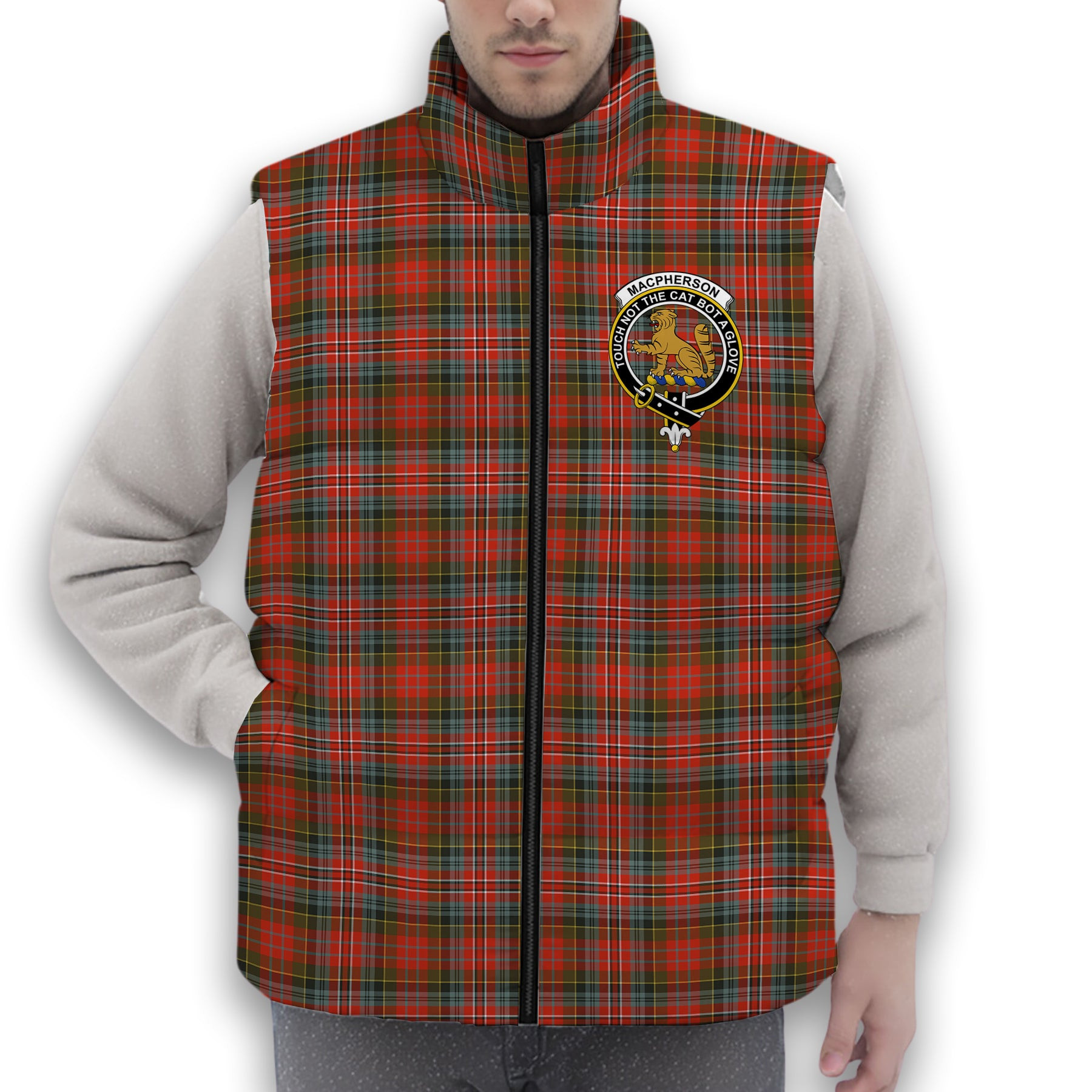 ScotsTee Shop Scottish MacPherson Weathered Crest Tartan Puffer Vest Winter White Duck Down Vest Sleeveless