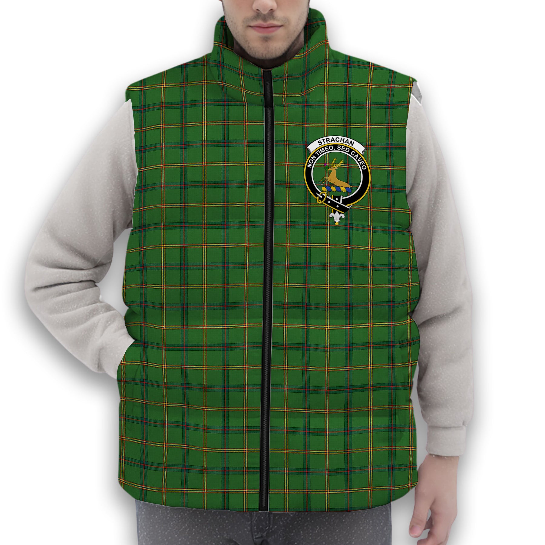 ScotsTee Shop Scottish Strachan Hunting  Modern Crest Tartan Puffer Vest Winter White Duck Down Vest Sleeveless