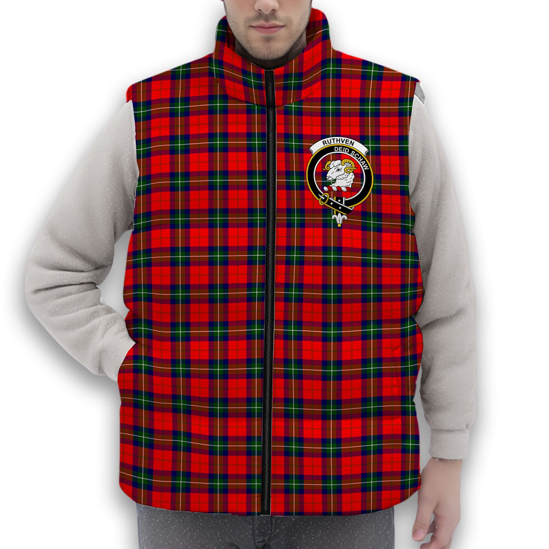 ScotsTee Shop Scottish Ruthven Modern Crest Tartan Puffer Vest Winter White Duck Down Vest Sleeveless