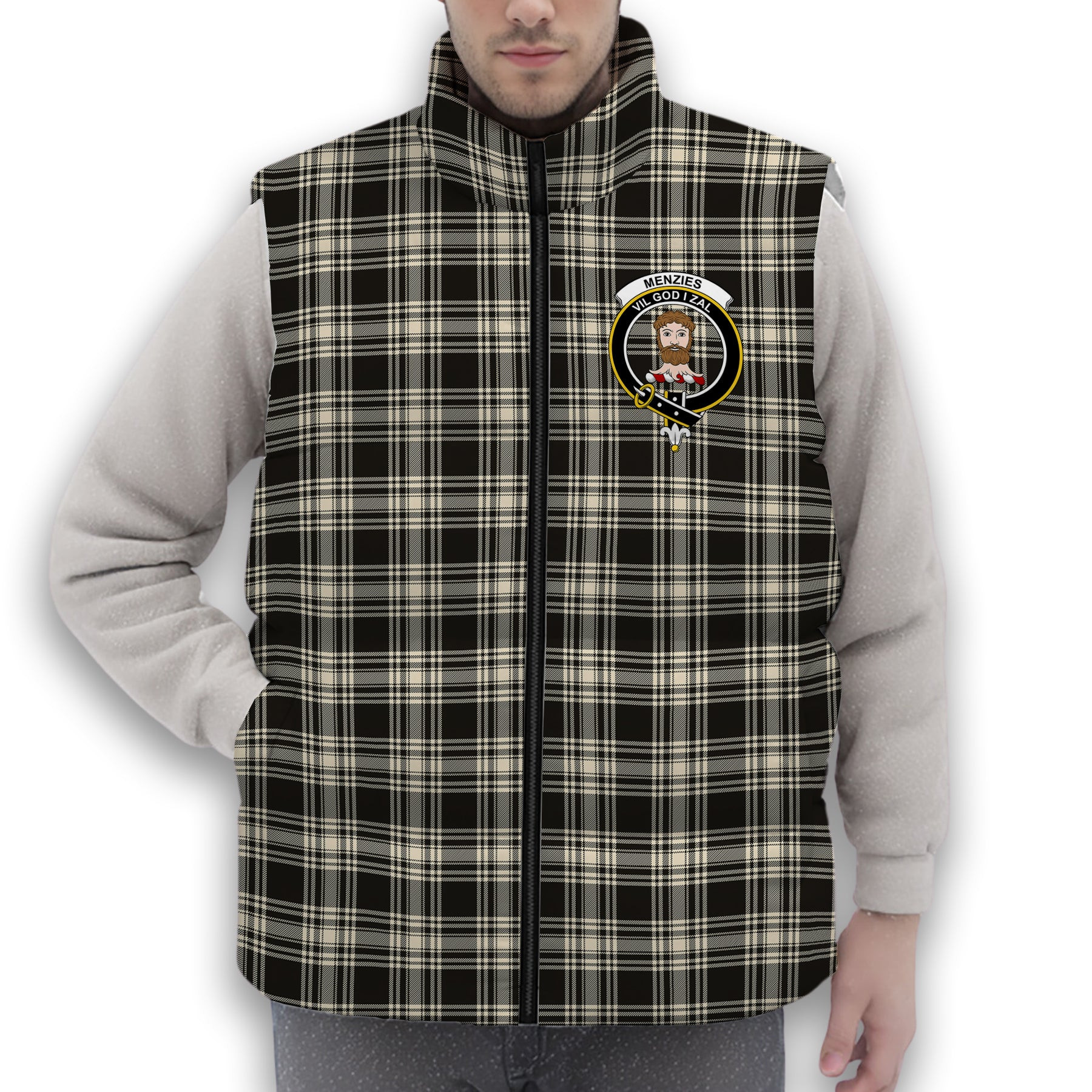 ScotsTee Shop Scottish Menzies Black & White Ancient Crest Tartan Puffer Vest Winter White Duck Down Vest Sleeveless