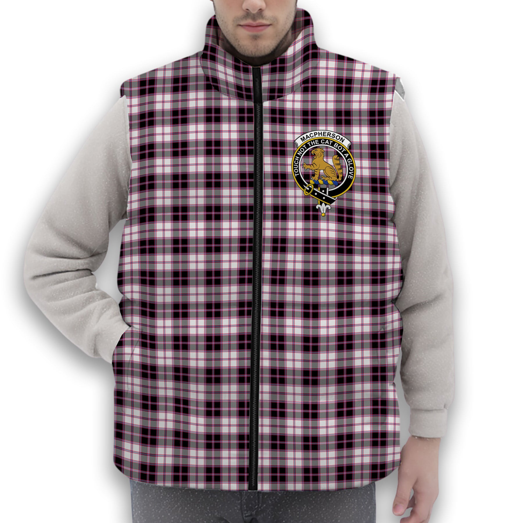 ScotsTee Shop Scottish MacPherson Hunting Modern Crest Tartan Puffer Vest Winter White Duck Down Vest Sleeveless