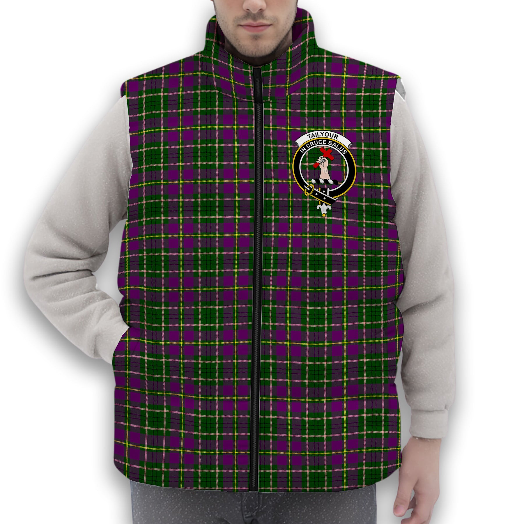 ScotsTee Shop Scottish Tailyour Crest Tartan Puffer Vest Winter White Duck Down Vest Sleeveless