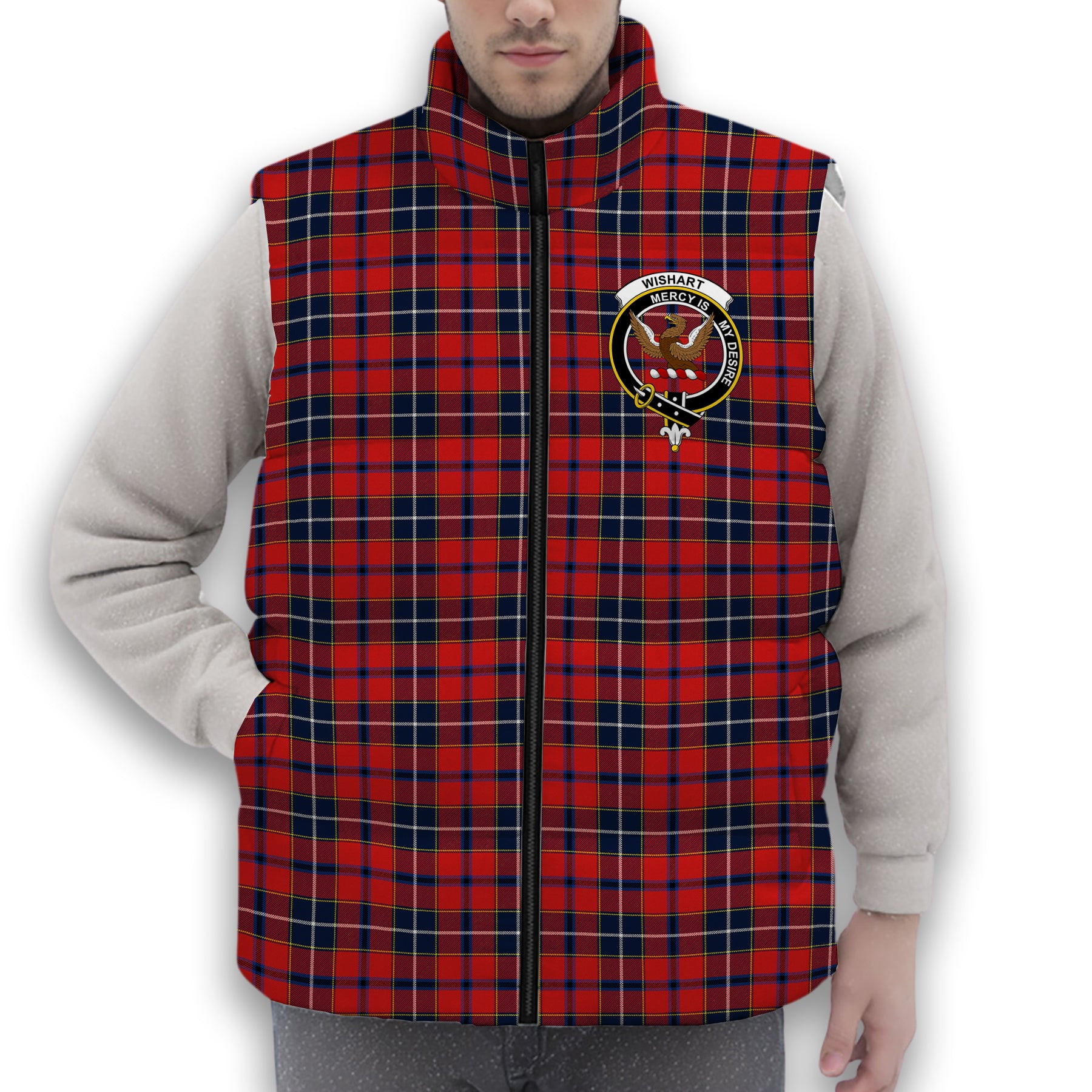 ScotsTee Shop Scottish Wishart Dress Modern Crest Tartan Puffer Vest Winter White Duck Down Vest Sleeveless