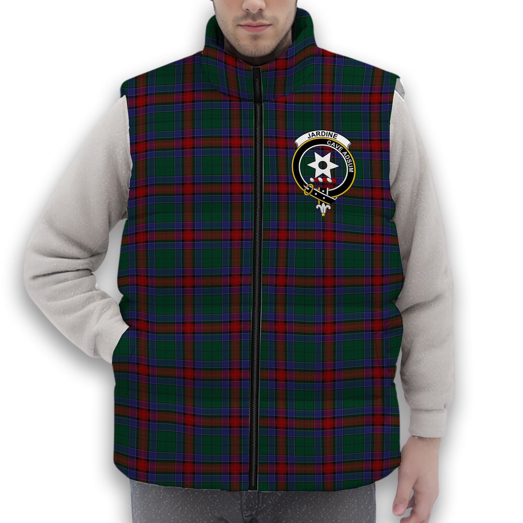 ScotsTee Shop Scottish Jardine Dress Crest Tartan Puffer Vest Winter White Duck Down Vest Sleeveless