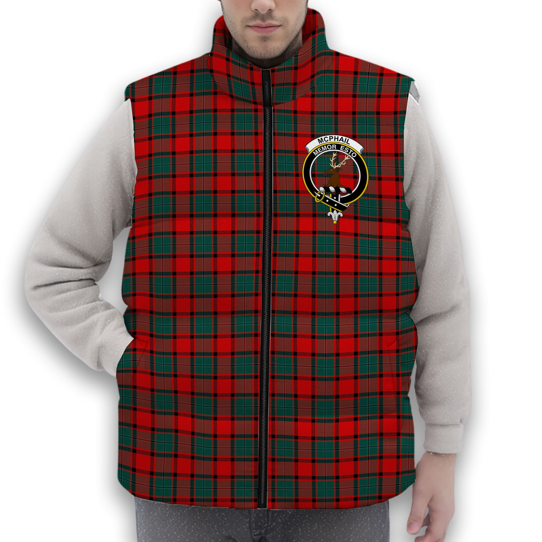 ScotsTee Shop Scottish McPhail Modern Crest Tartan Puffer Vest Winter White Duck Down Vest Sleeveless
