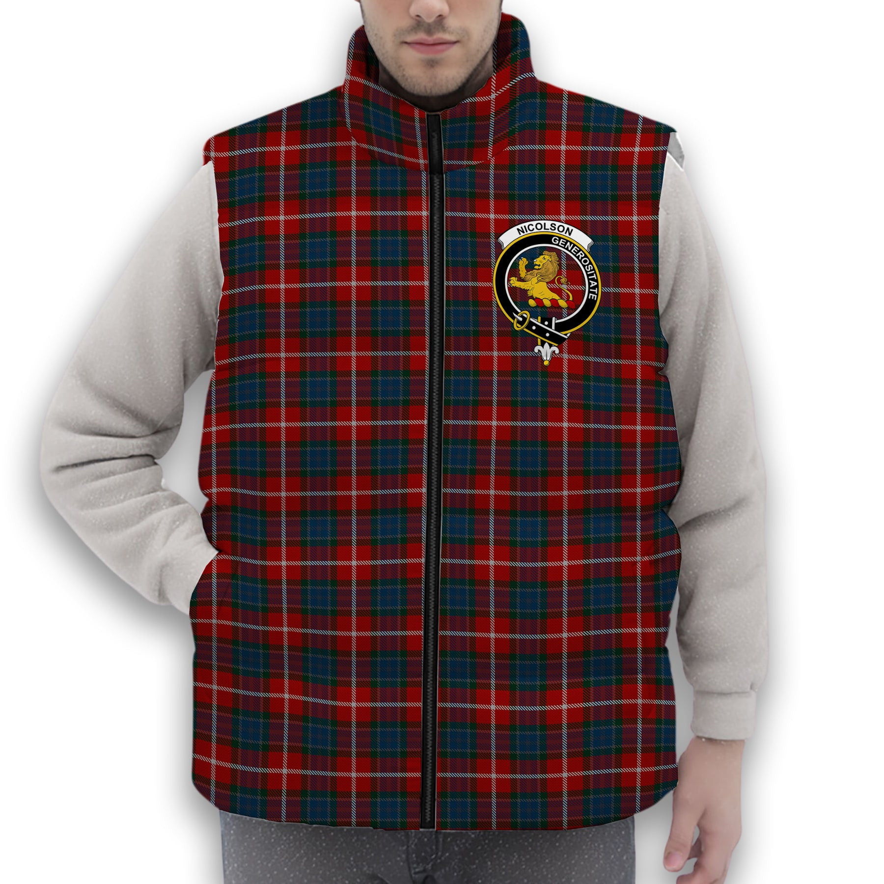 ScotsTee Shop Scottish Nicolson of Lewis Crest Tartan Puffer Vest Winter White Duck Down Vest Sleeveless
