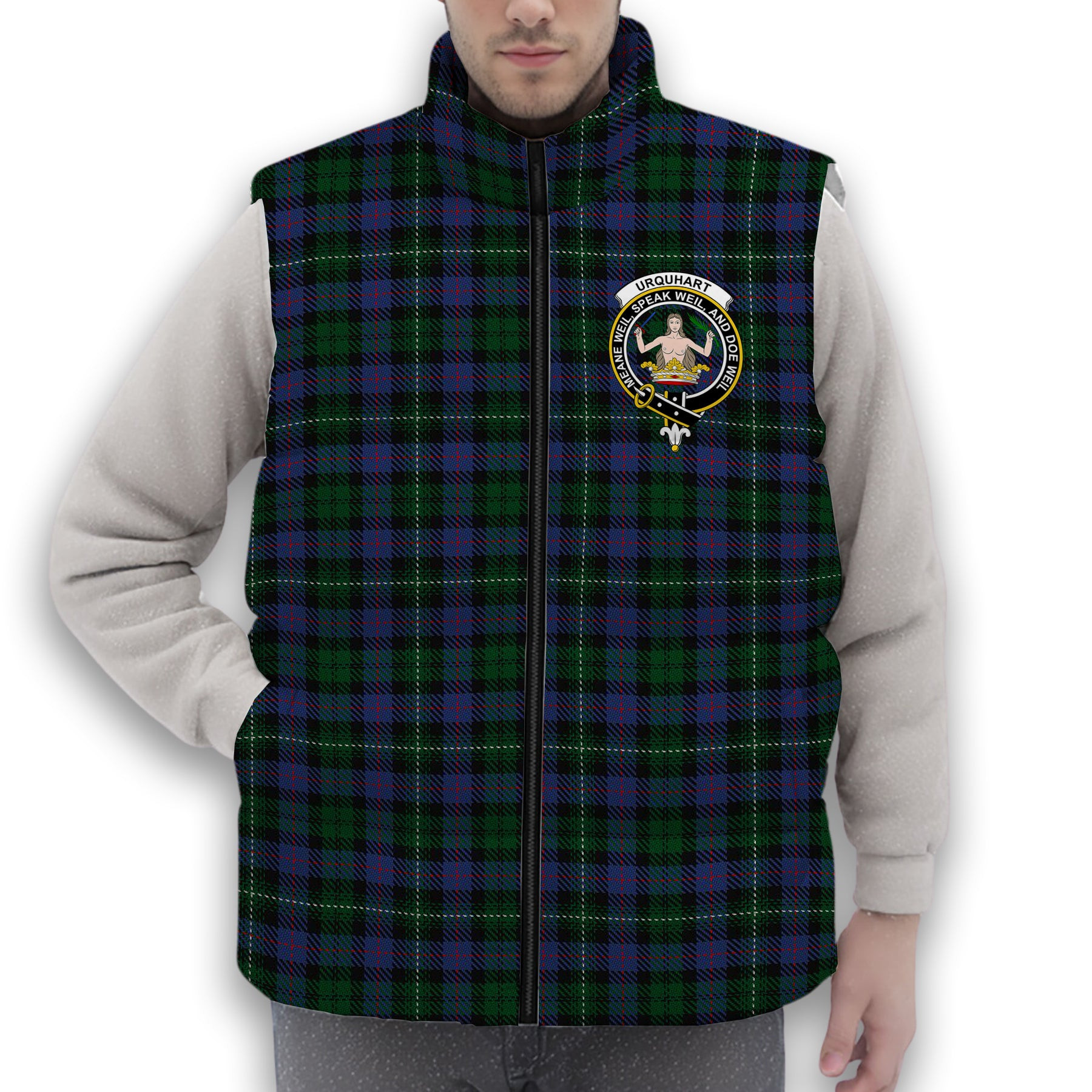 ScotsTee Shop Scottish Urquhart Brydone Crest Tartan Puffer Vest Winter White Duck Down Vest Sleeveless