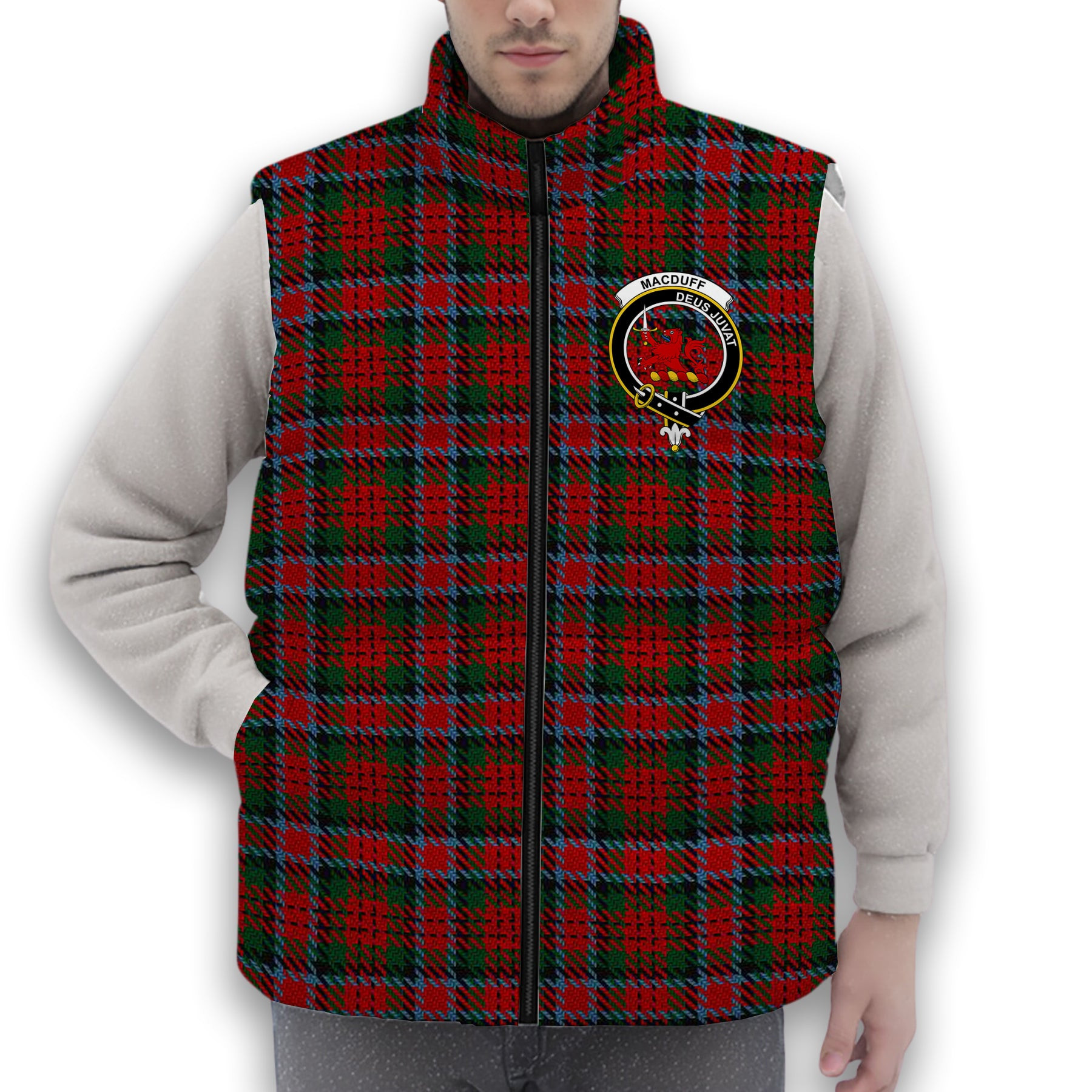 ScotsTee Shop Scottish MacDuff 5 Crest Tartan Puffer Vest Winter White Duck Down Vest Sleeveless