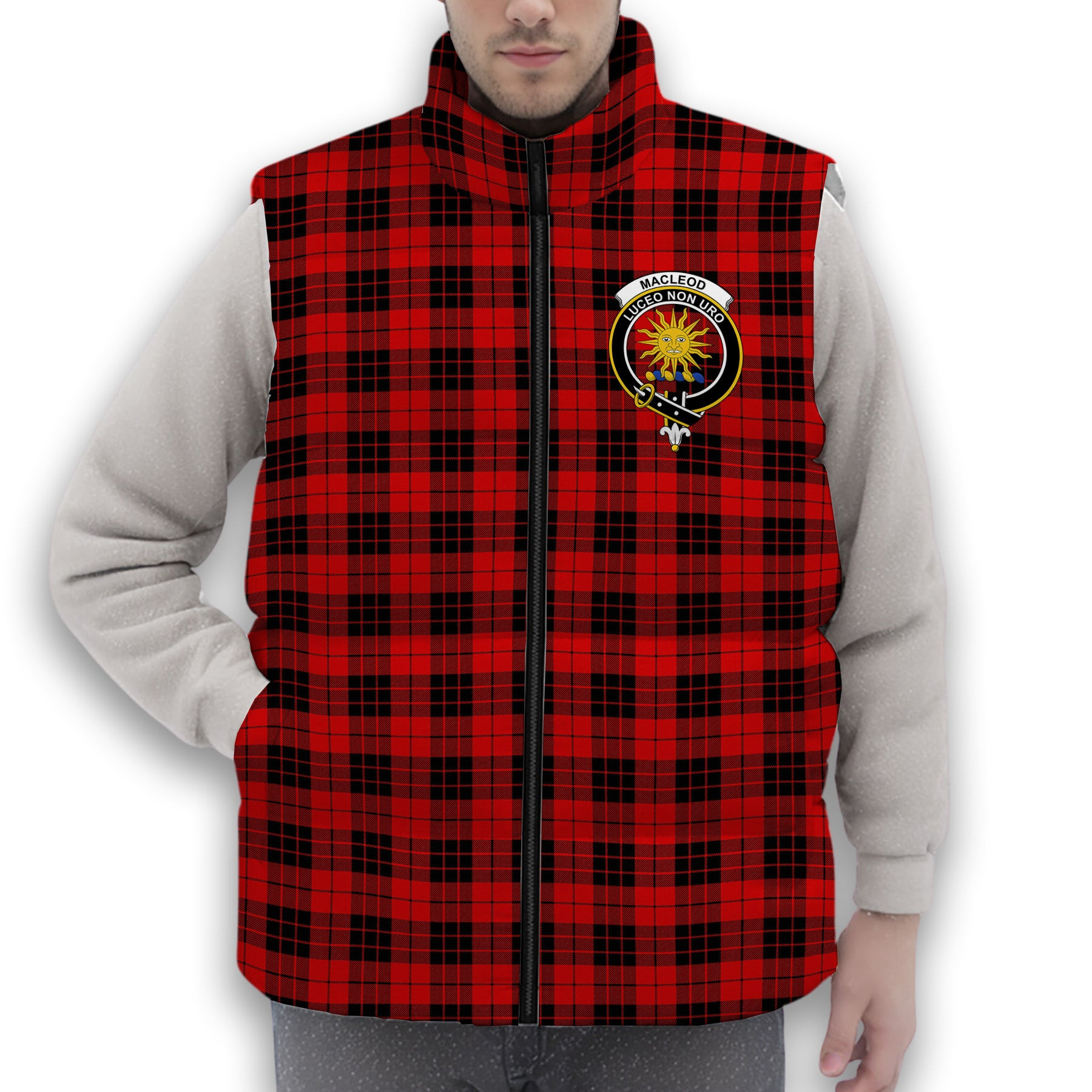 ScotsTee Shop Scottish MacLeod of Raasay Modern Crest Tartan Puffer Vest Winter White Duck Down Vest Sleeveless
