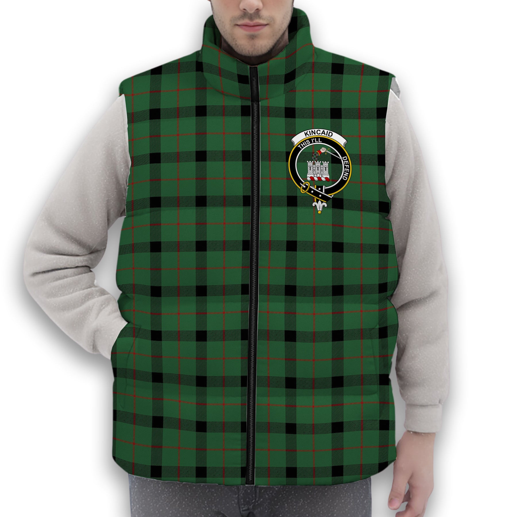 ScotsTee Shop Scottish Kincaid Modern Crest Tartan Puffer Vest Winter White Duck Down Vest Sleeveless