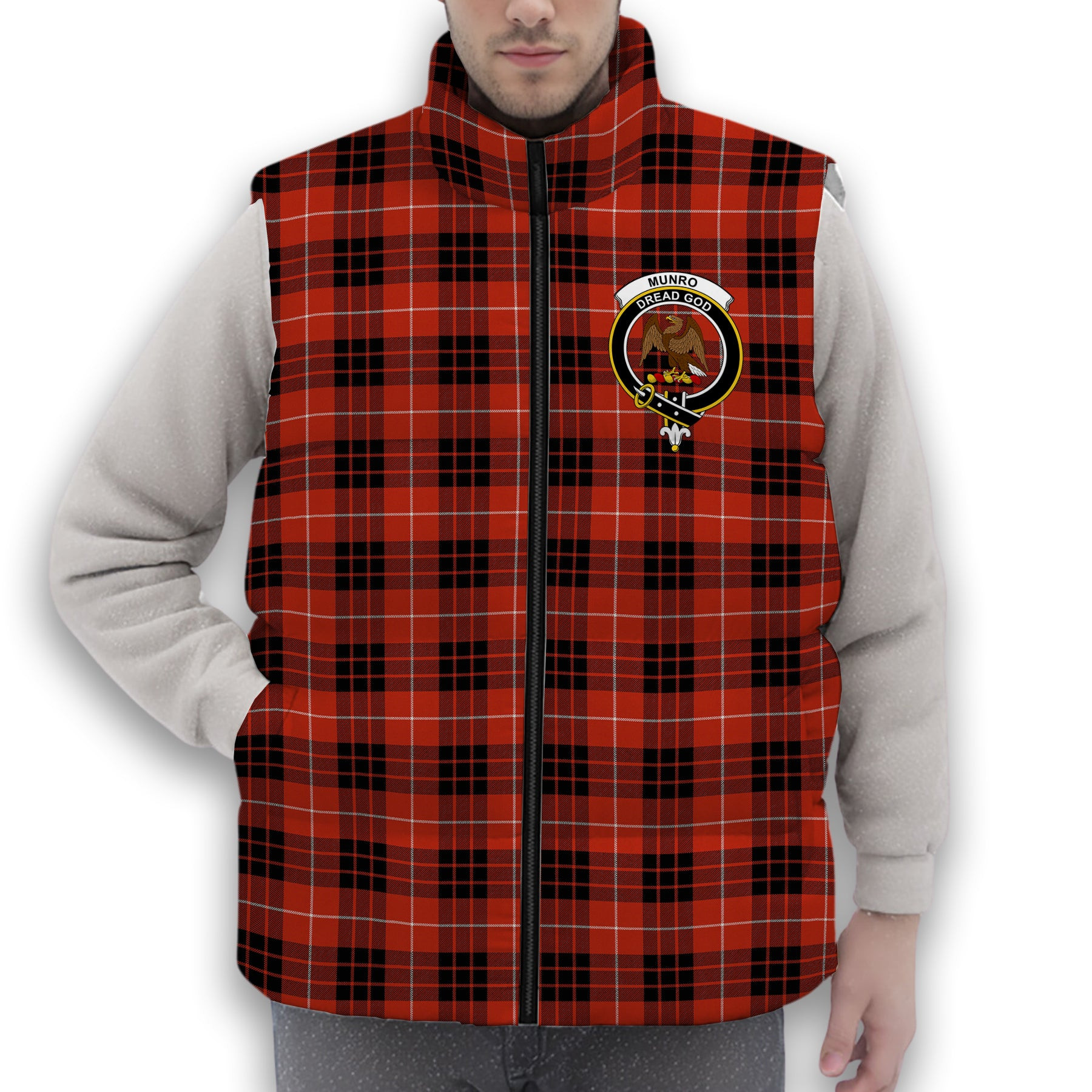 ScotsTee Shop Scottish Munro Black and Red Ancient Crest Tartan Puffer Vest Winter White Duck Down Vest Sleeveless