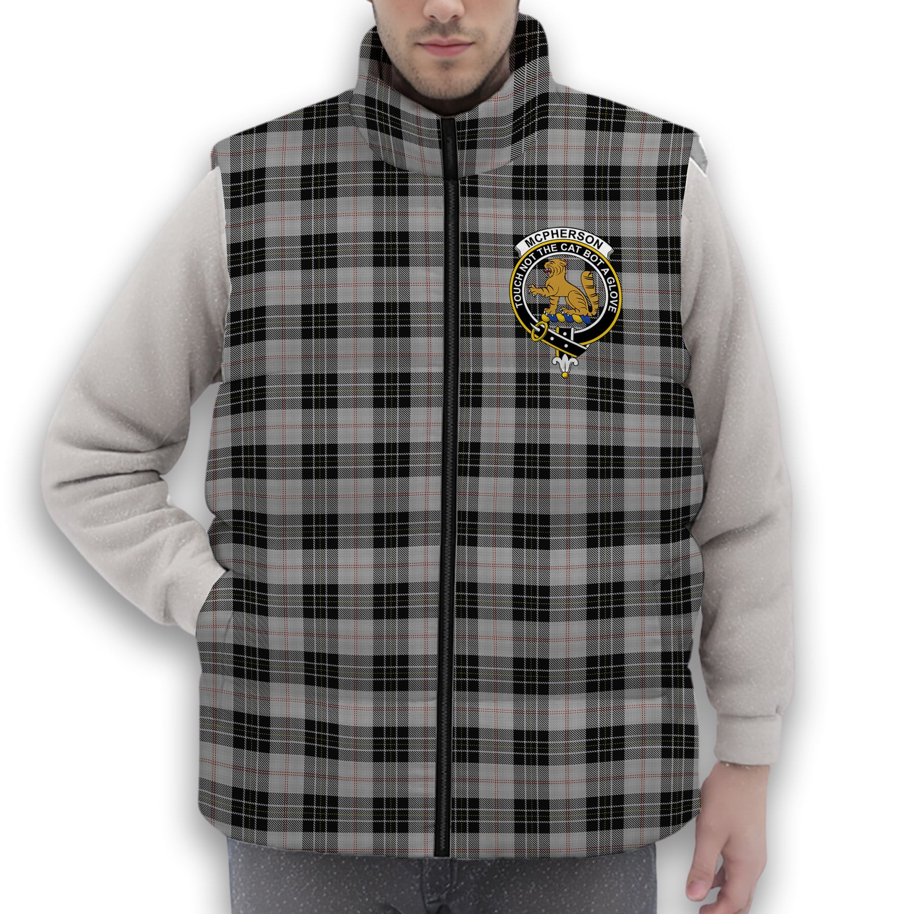 ScotsTee Shop Scottish McPherson Dress Crest Tartan Puffer Vest Winter White Duck Down Vest Sleeveless