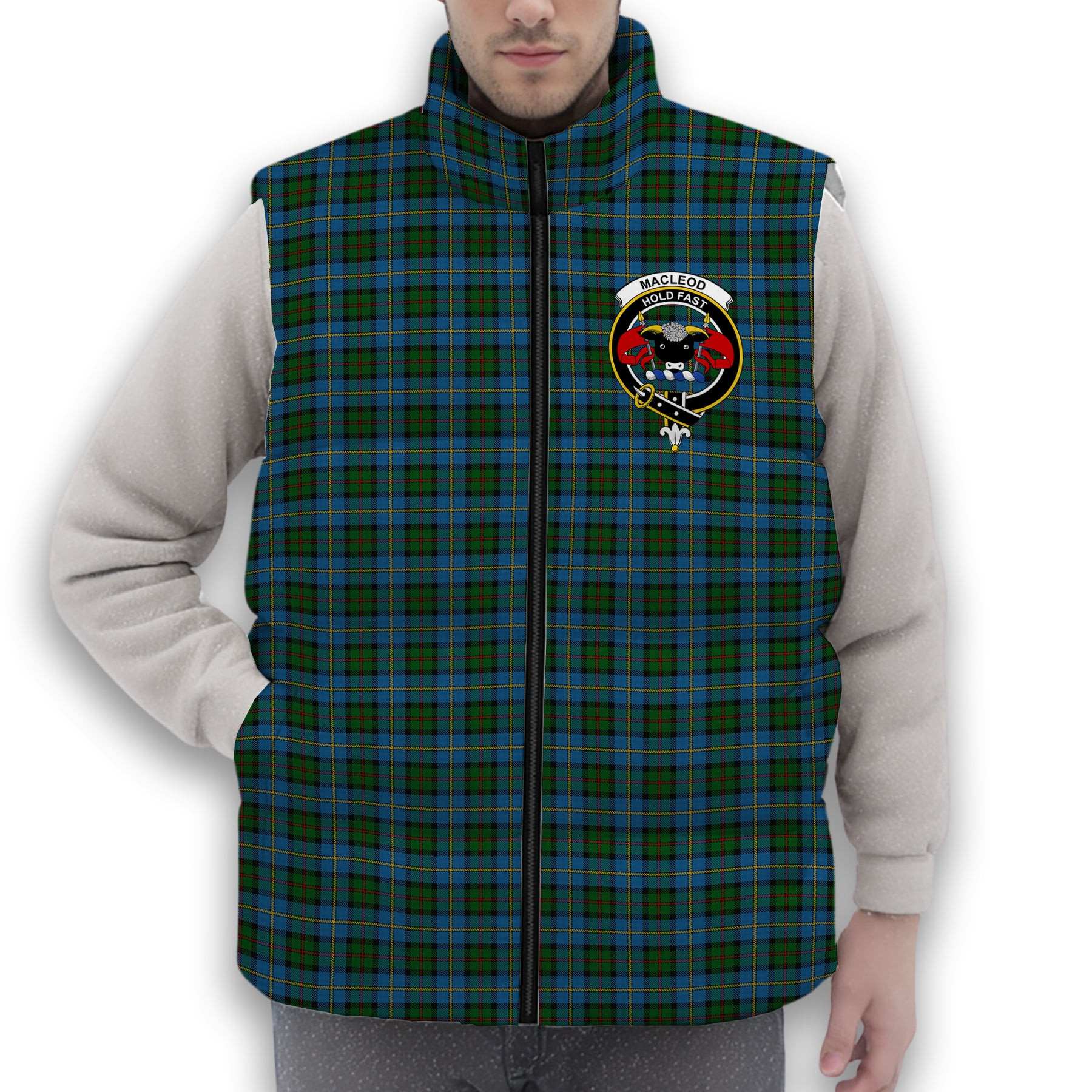 ScotsTee Shop Scottish MacLeod Green Crest Tartan Puffer Vest Winter White Duck Down Vest Sleeveless