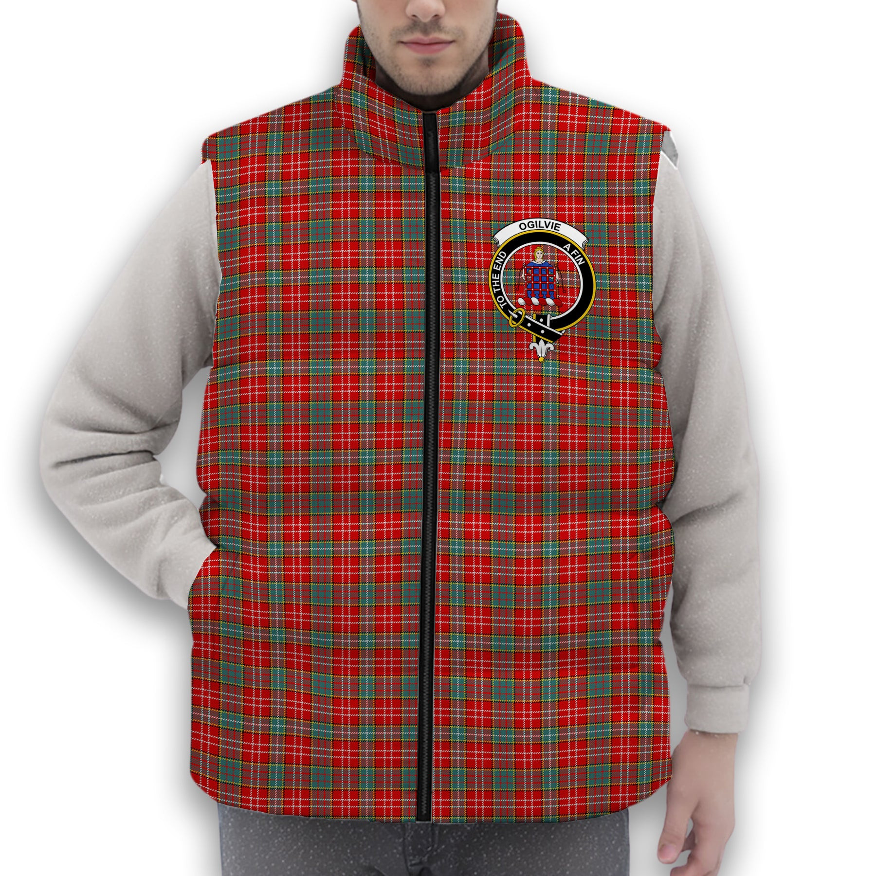 ScotsTee Shop Scottish Ogilvie (Ogilvy) Modern Crest Tartan Puffer Vest Winter White Duck Down Vest Sleeveless