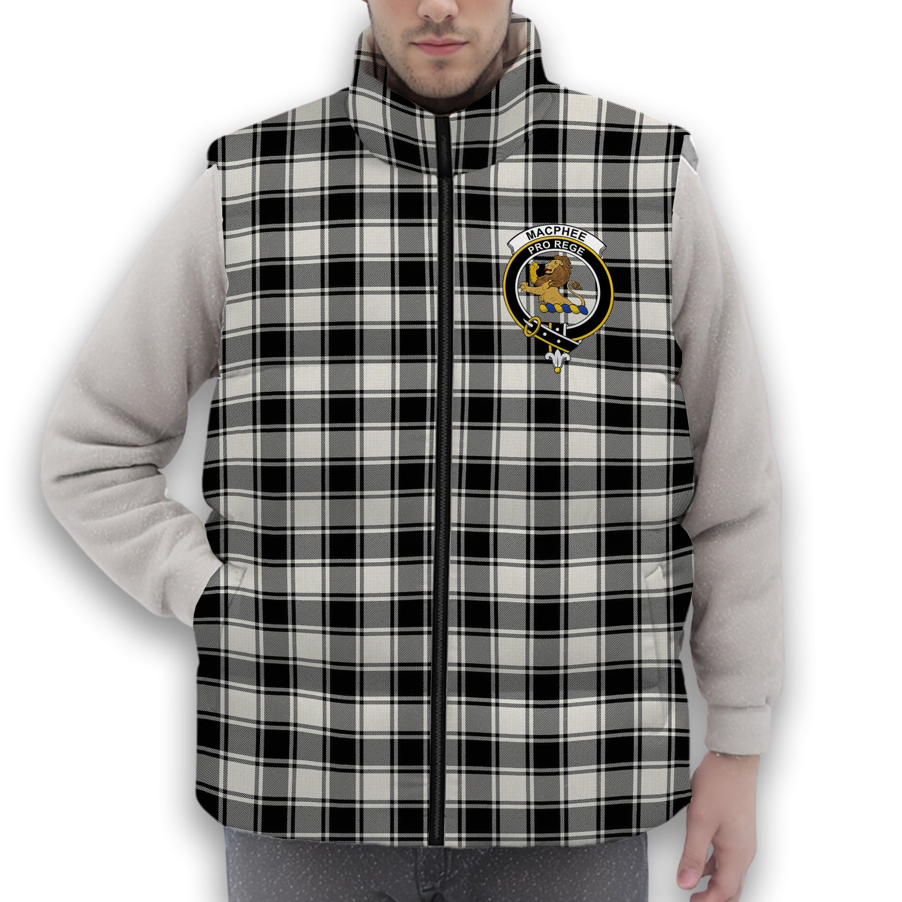ScotsTee Shop Scottish MacPhee B&W Ancient Crest Tartan Puffer Vest Winter White Duck Down Vest Sleeveless