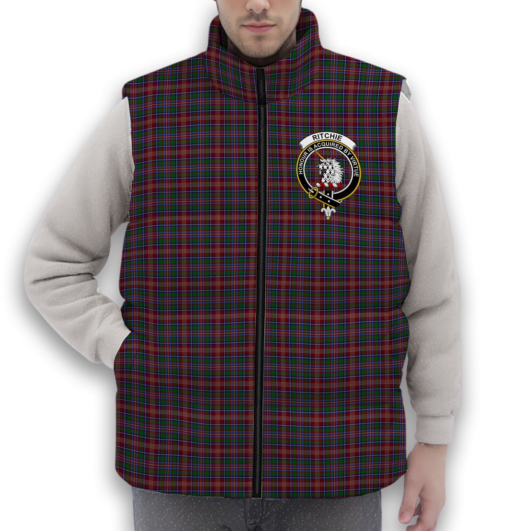 ScotsTee Shop Scottish Ritchie Crest Tartan Puffer Vest Winter White Duck Down Vest Sleeveless