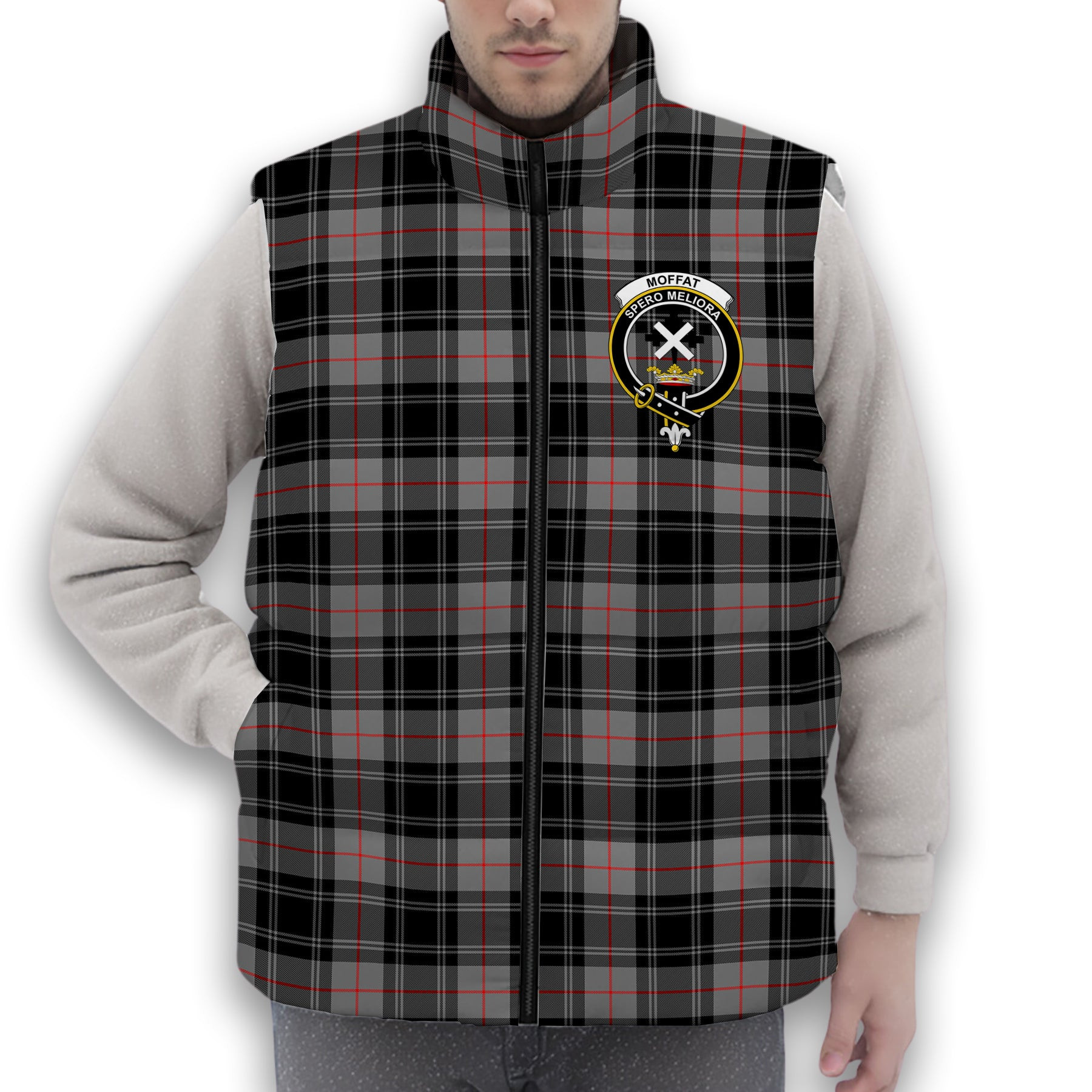 ScotsTee Shop Scottish Moffat Modern SC Crest Tartan Puffer Vest Winter White Duck Down Vest Sleeveless