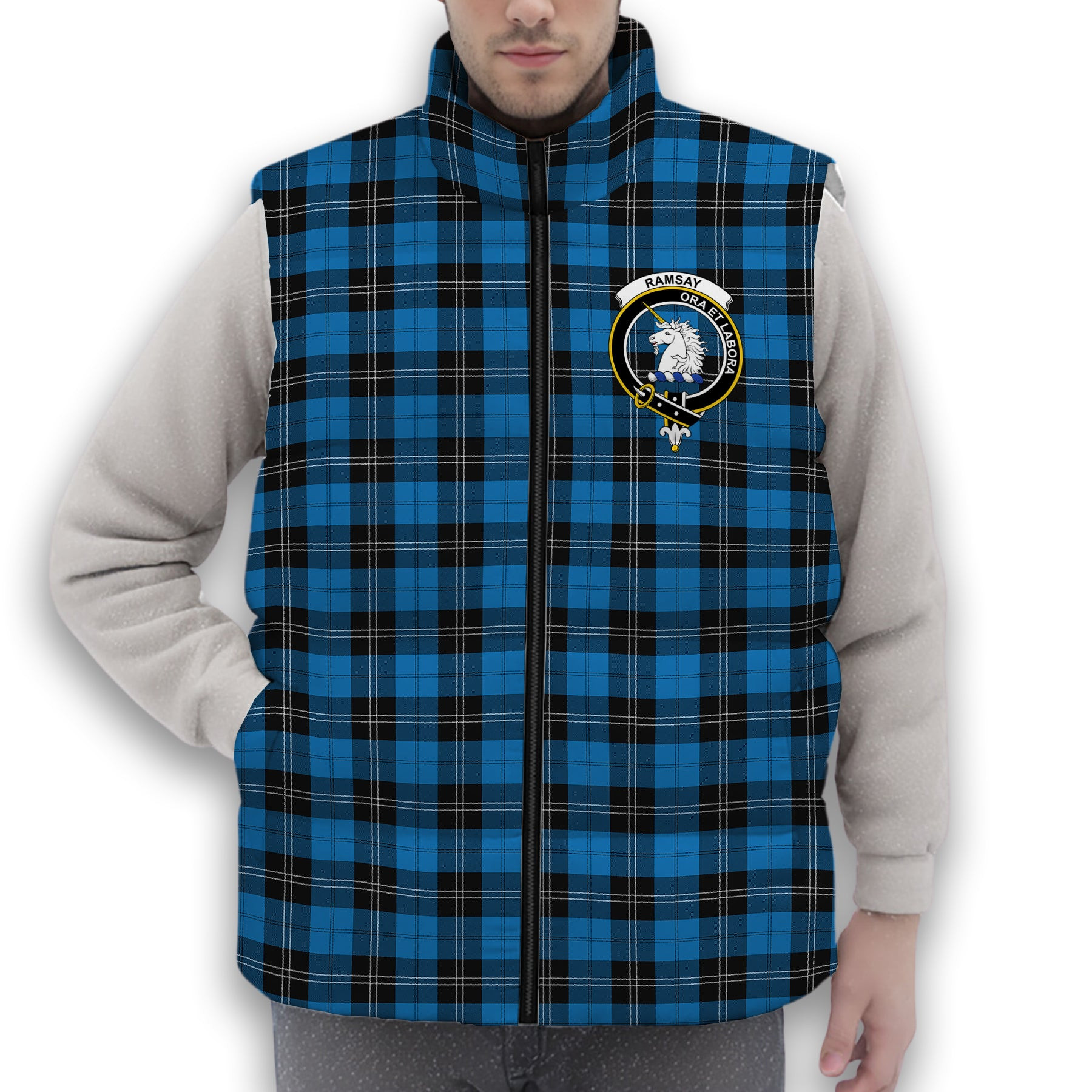 ScotsTee Shop Scottish Ramsay Blue Ancient Crest Tartan Puffer Vest Winter White Duck Down Vest Sleeveless