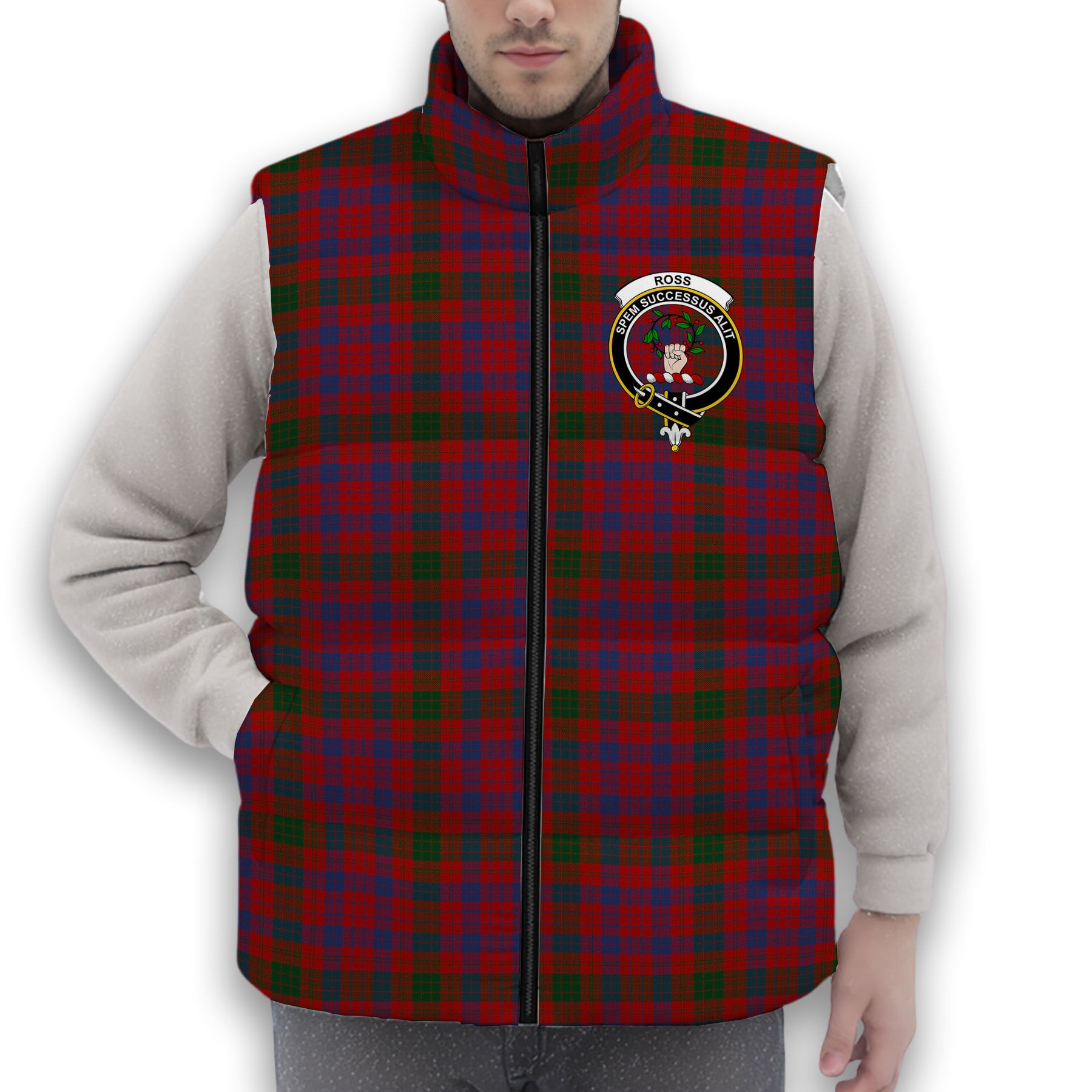 ScotsTee Shop Scottish Ross 5 Crest Tartan Puffer Vest Winter White Duck Down Vest Sleeveless