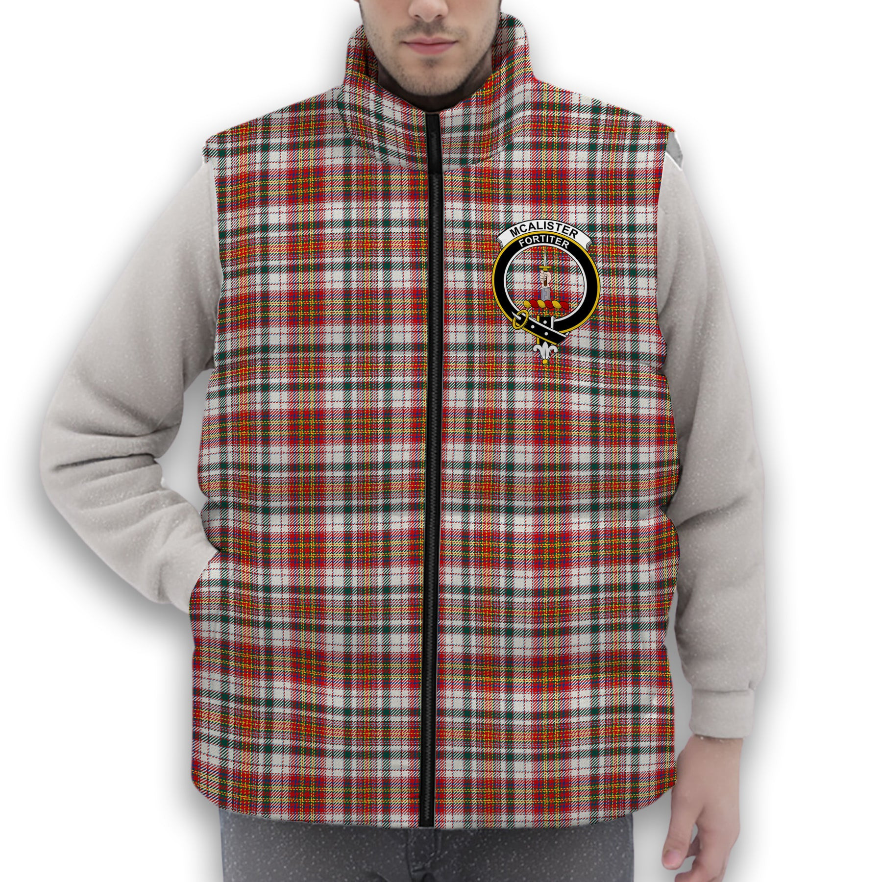 ScotsTee Shop Scottish McAlister Dress Modern Crest Tartan Puffer Vest Winter White Duck Down Vest Sleeveless