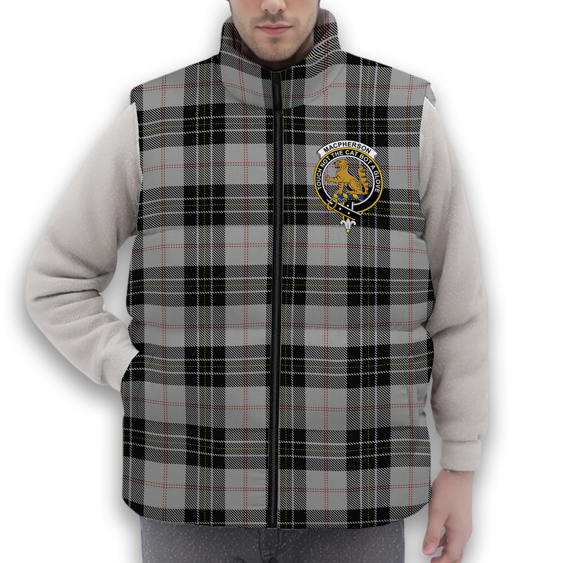 ScotsTee Shop Scottish MacPherson Dress Crest Tartan Puffer Vest Winter White Duck Down Vest Sleeveless