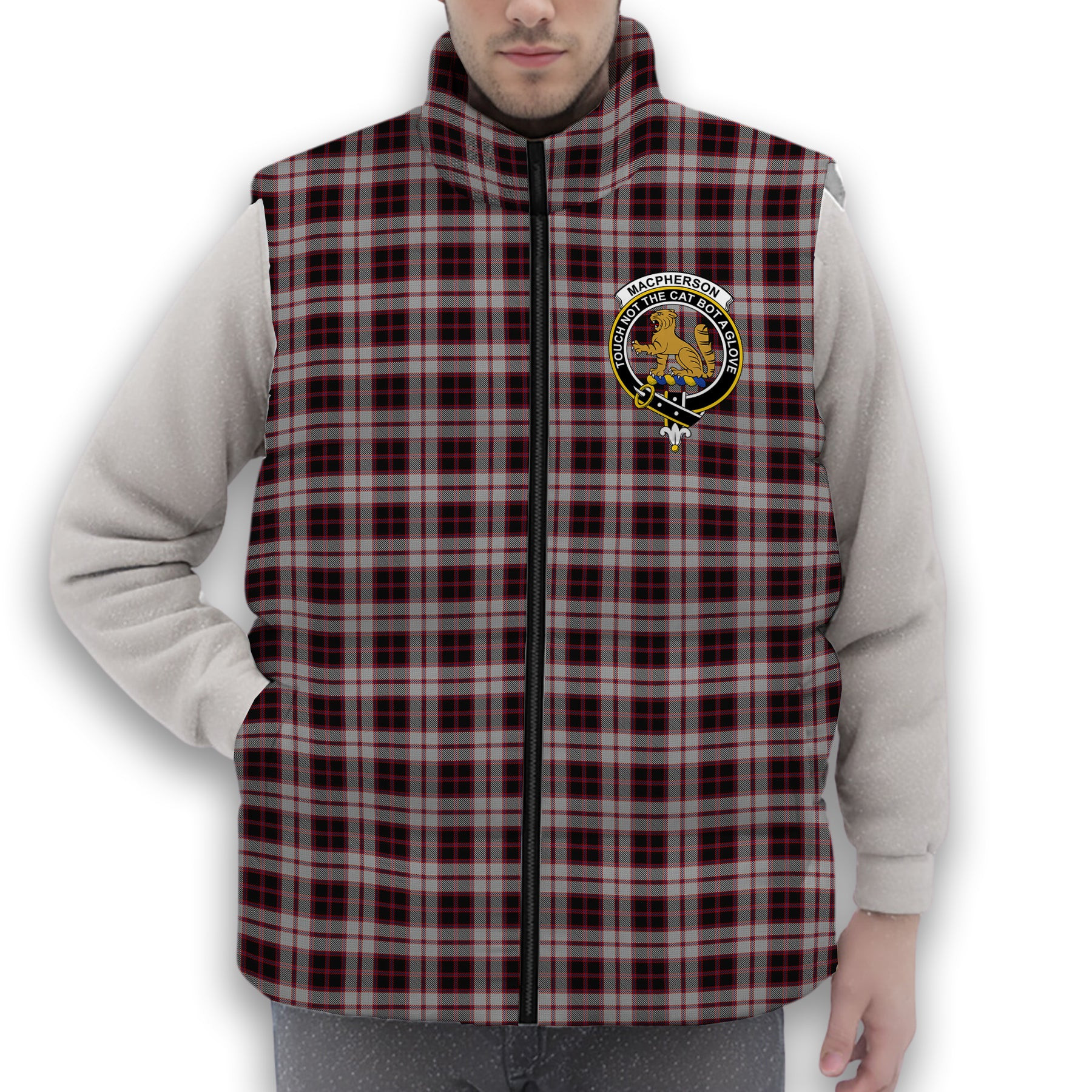 ScotsTee Shop Scottish MacPherson Crest Tartan Puffer Vest Winter White Duck Down Vest Sleeveless