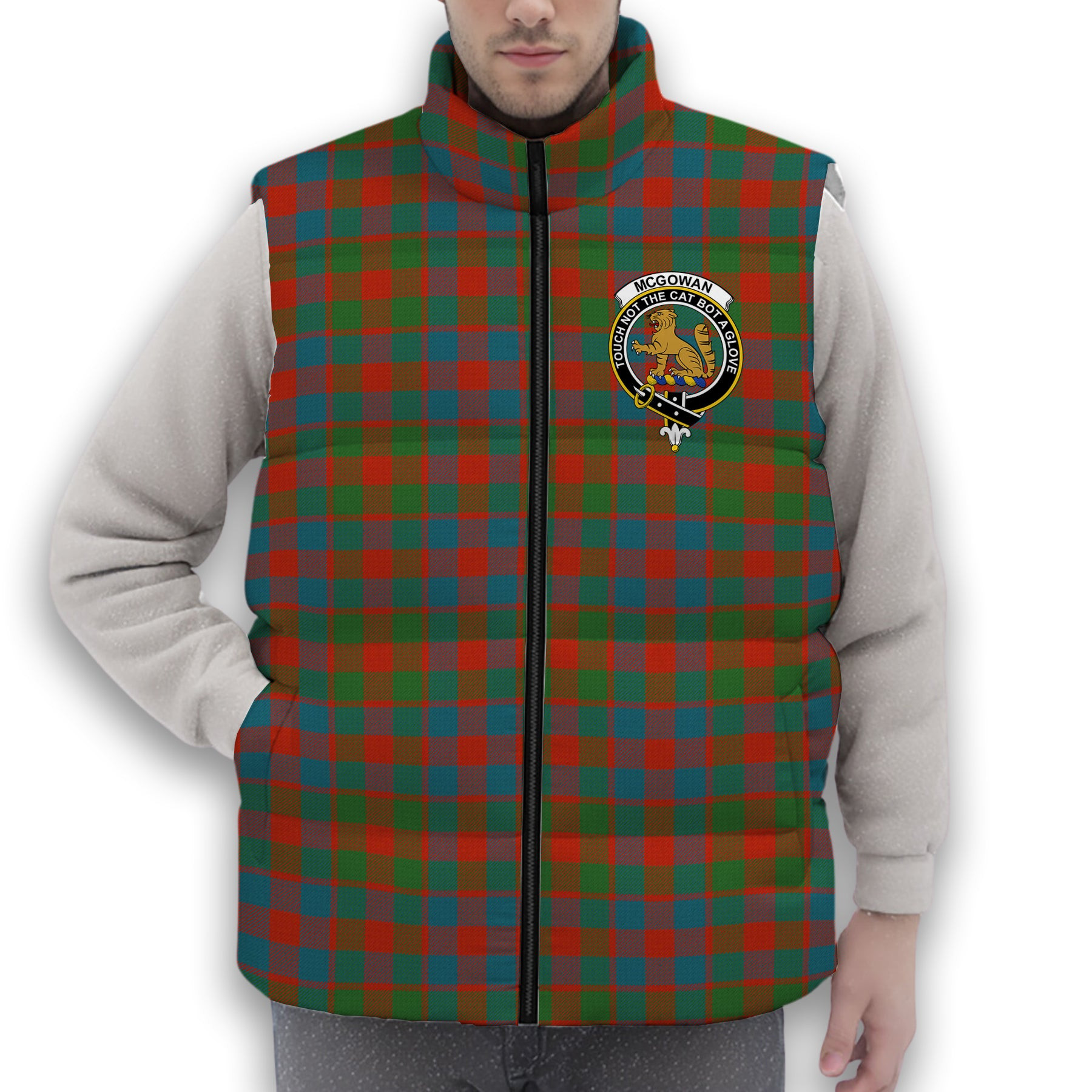 ScotsTee Shop Scottish McGowan Ancient Crest Tartan Puffer Vest Winter White Duck Down Vest Sleeveless