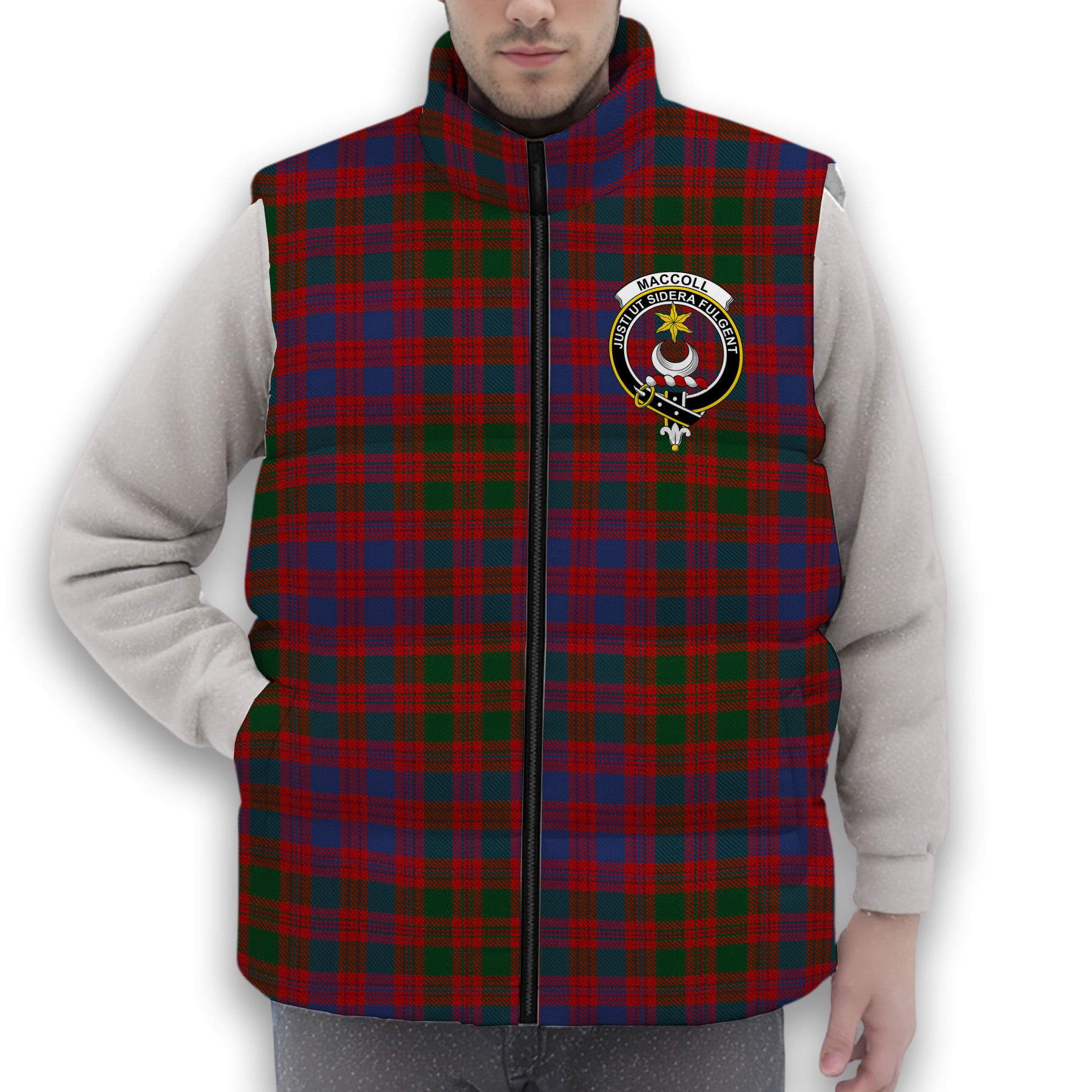 ScotsTee Shop Scottish MacColl Ancient Crest Tartan Puffer Vest Winter White Duck Down Vest Sleeveless