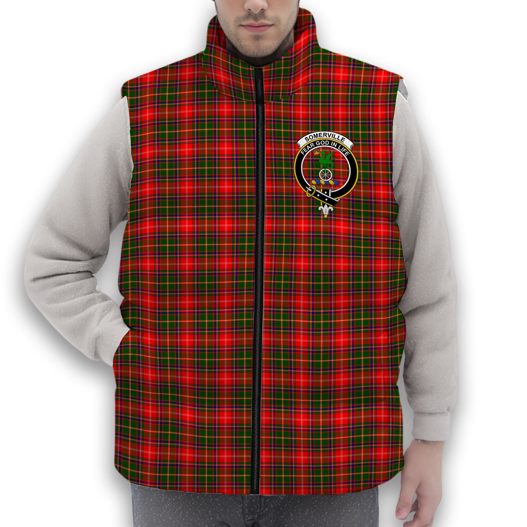 ScotsTee Shop Scottish Somerville Sc Crest Tartan Puffer Vest Winter White Duck Down Vest Sleeveless