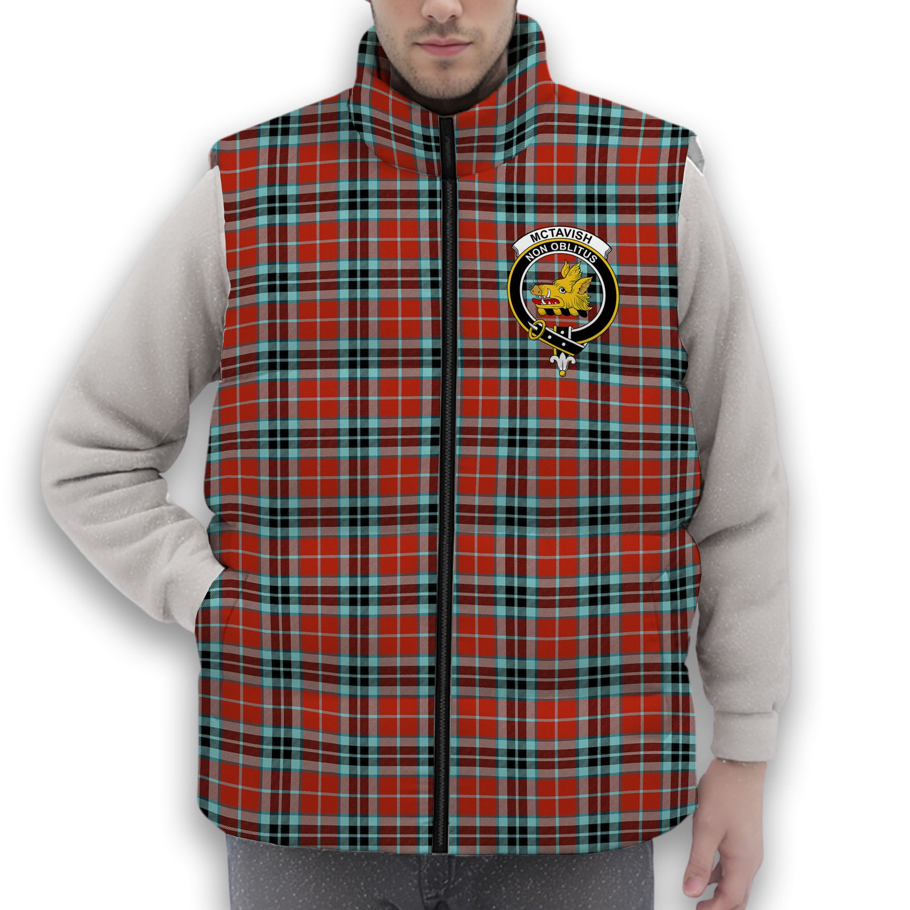 ScotsTee Shop Scottish McTavish Ancient Crest Tartan Puffer Vest Winter White Duck Down Vest Sleeveless