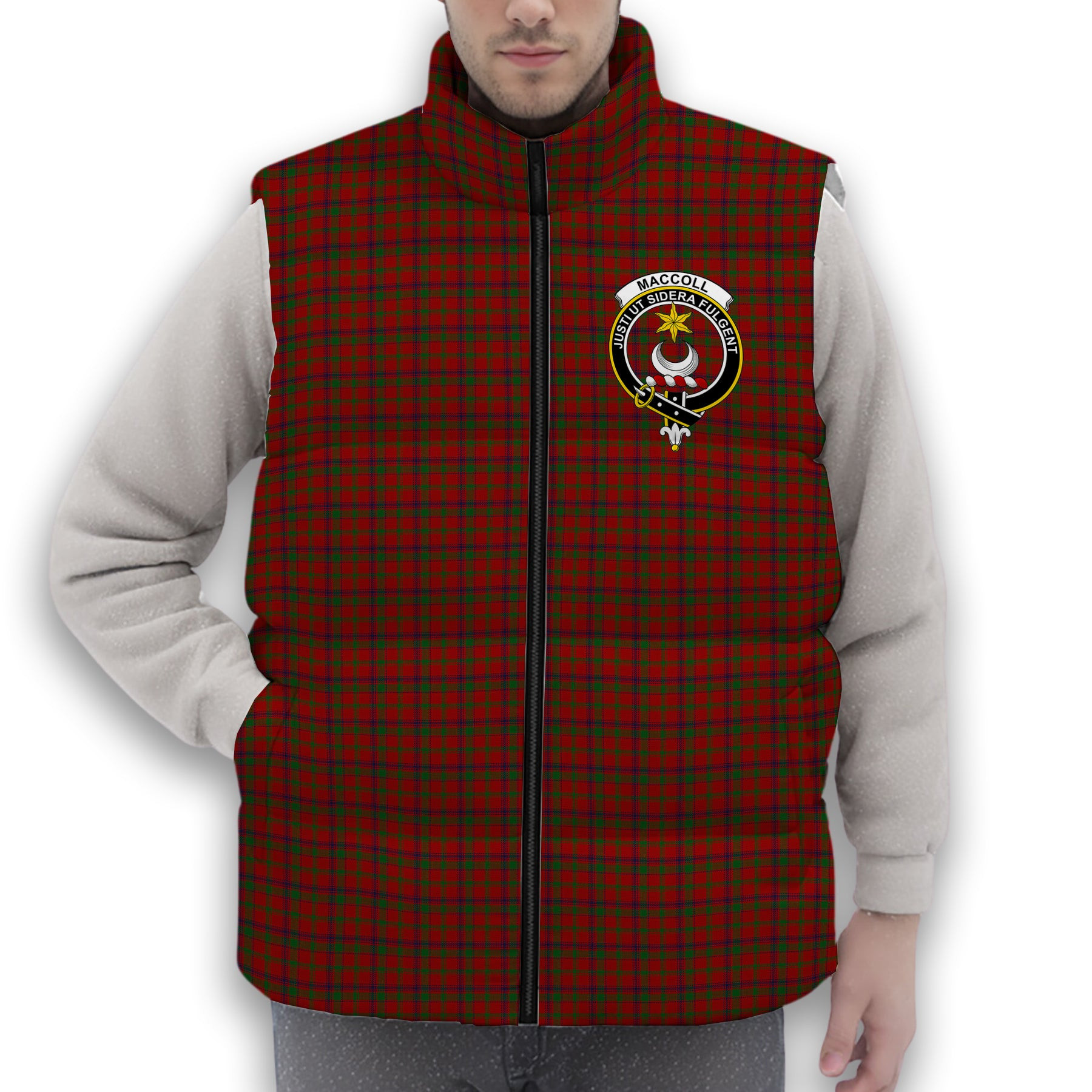 ScotsTee Shop Scottish MacColl Crest Tartan Puffer Vest Winter White Duck Down Vest Sleeveless