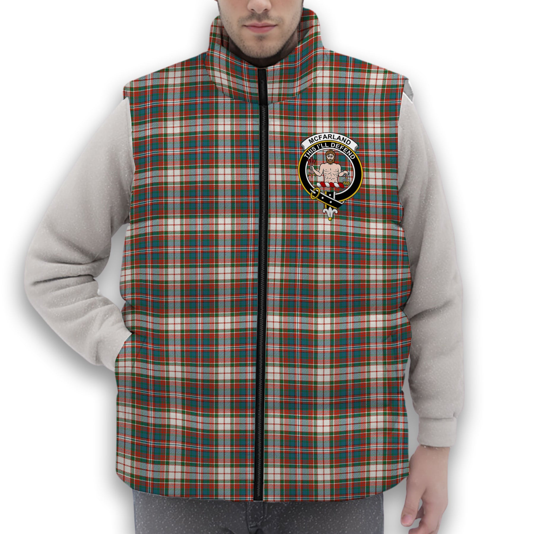 ScotsTee Shop Scottish McFarland Dress Ancient Crest Tartan Puffer Vest Winter White Duck Down Vest Sleeveless