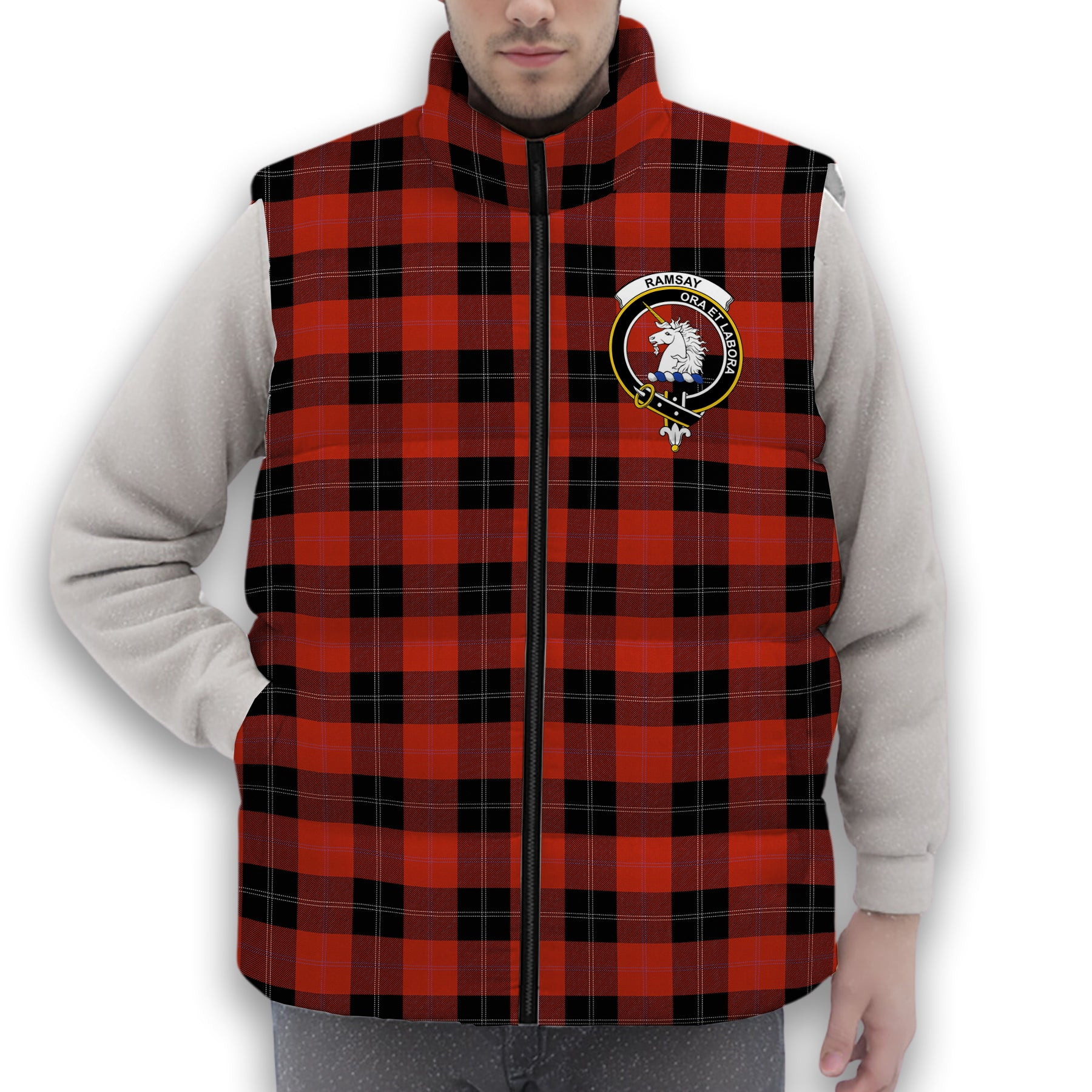 ScotsTee Shop Scottish Ramsay of Dalhousie (Ramsay Red) Ancient Crest Tartan Puffer Vest Winter White Duck Down Vest Sleeveless