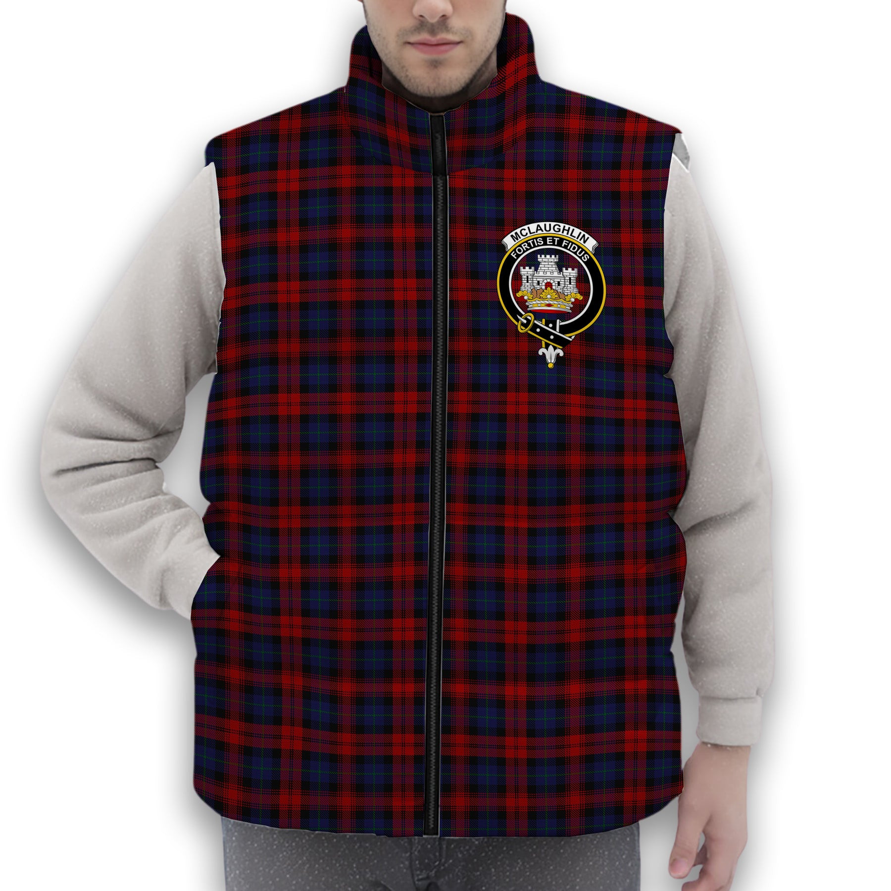 ScotsTee Shop Scottish McLaughlin Crest Tartan Puffer Vest Winter White Duck Down Vest Sleeveless